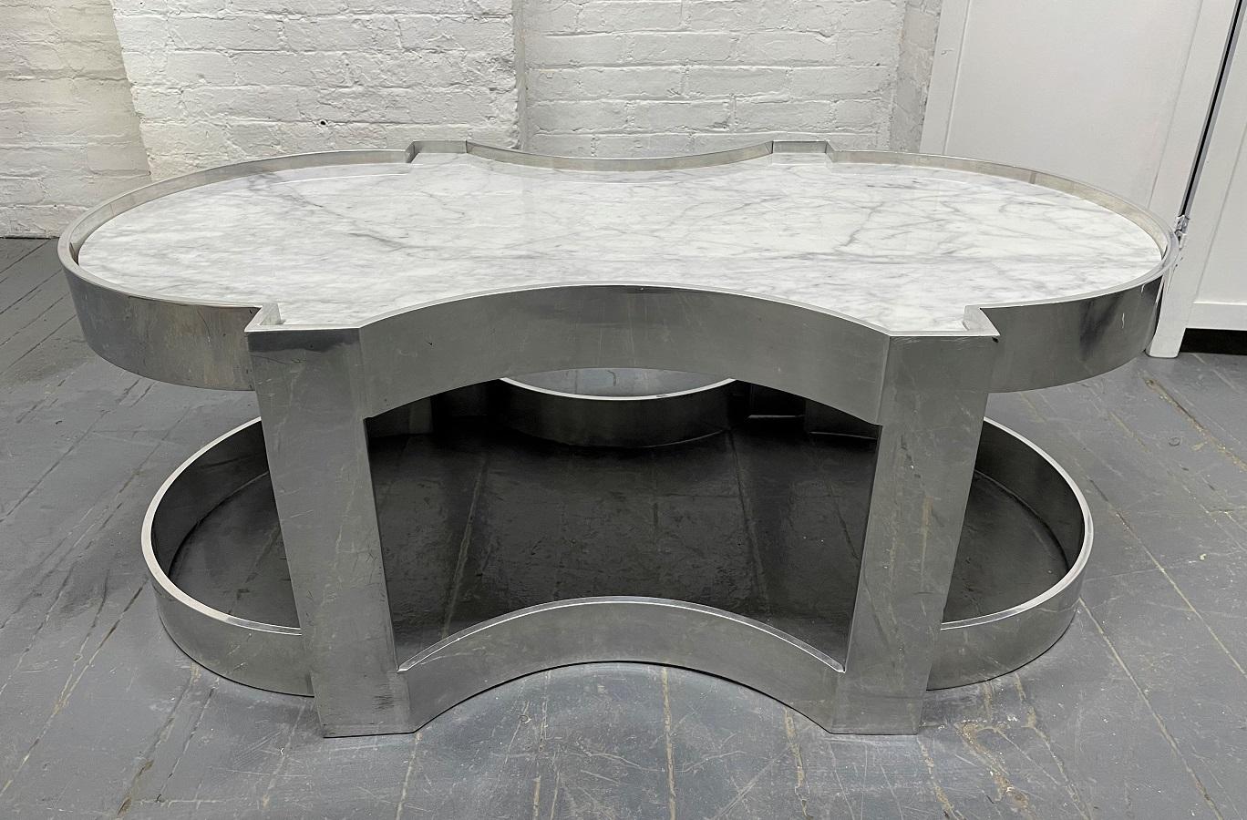 Late 20th Century Carrara Marble and Chrome Two-Tier Coffee Table For Sale