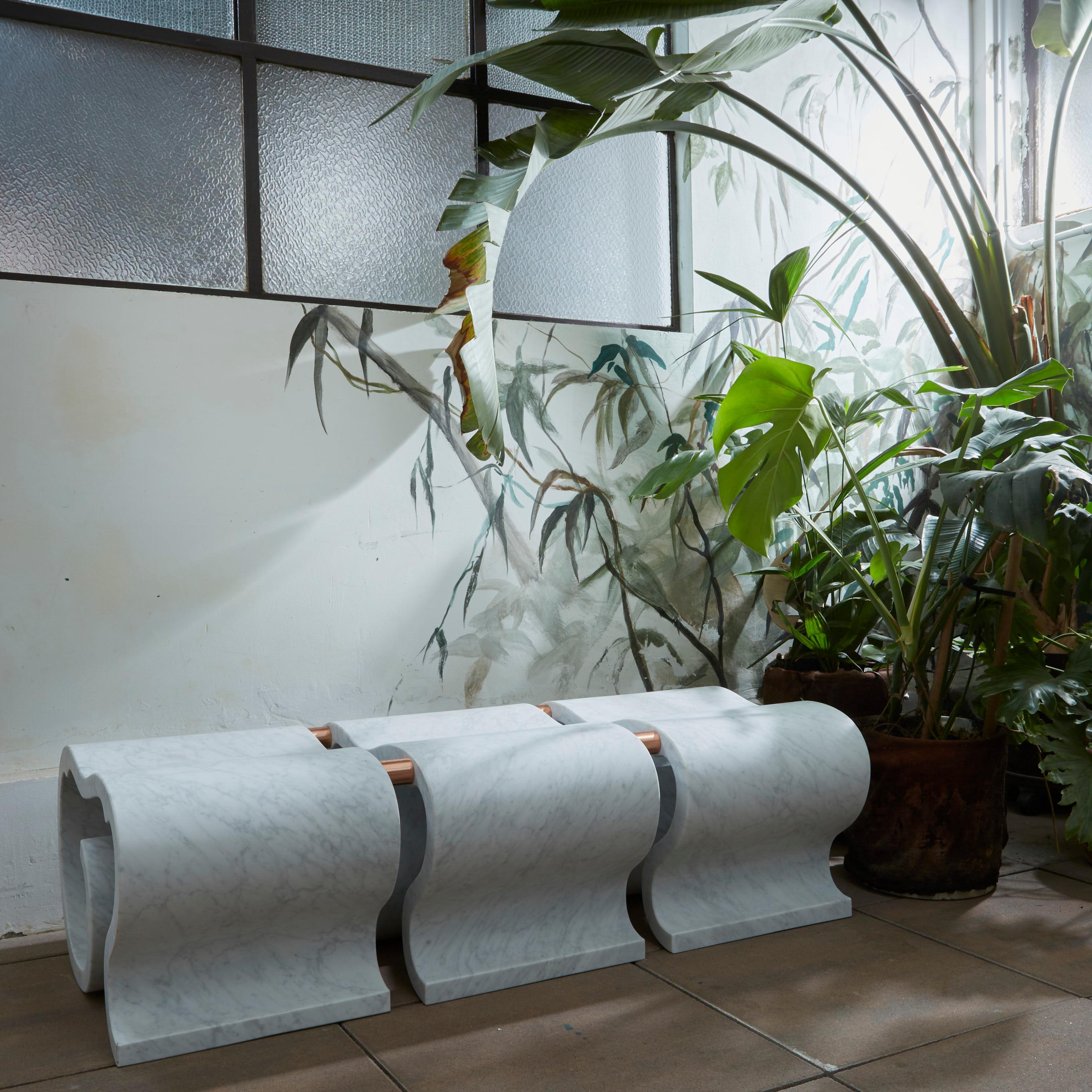 Carrara Marble And Copper Onda Bench by Atelier Terrai
Dimensions: D 39 x W 130 x H 62 cm.
Materials: Carrara marble and copper.

The ONDA bench is the latest creation by Atelier Terrai, specially designed for the 2023 edition of the Salone del