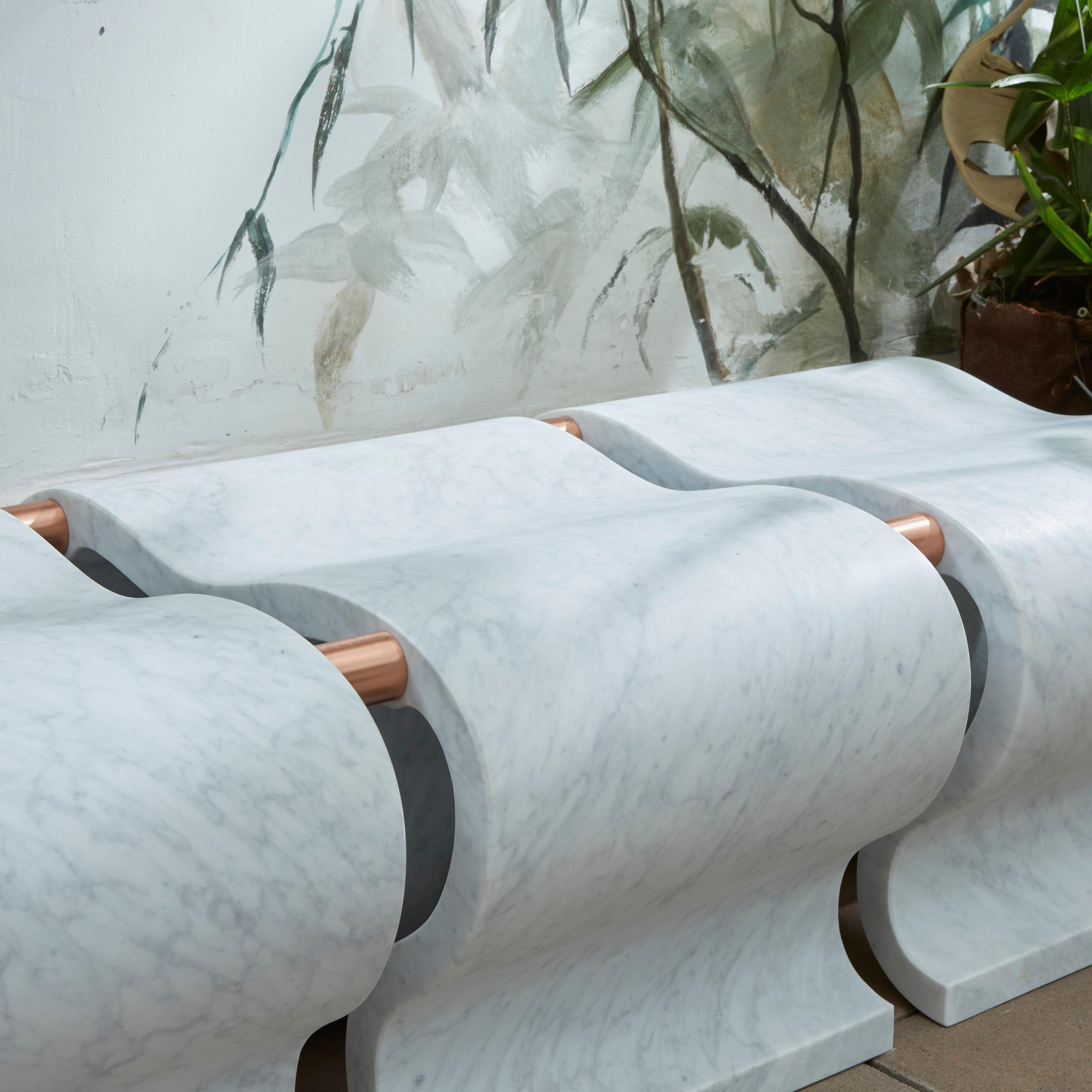 Post-Modern Carrara Marble And Copper Onda Bench by Atelier Terrai For Sale