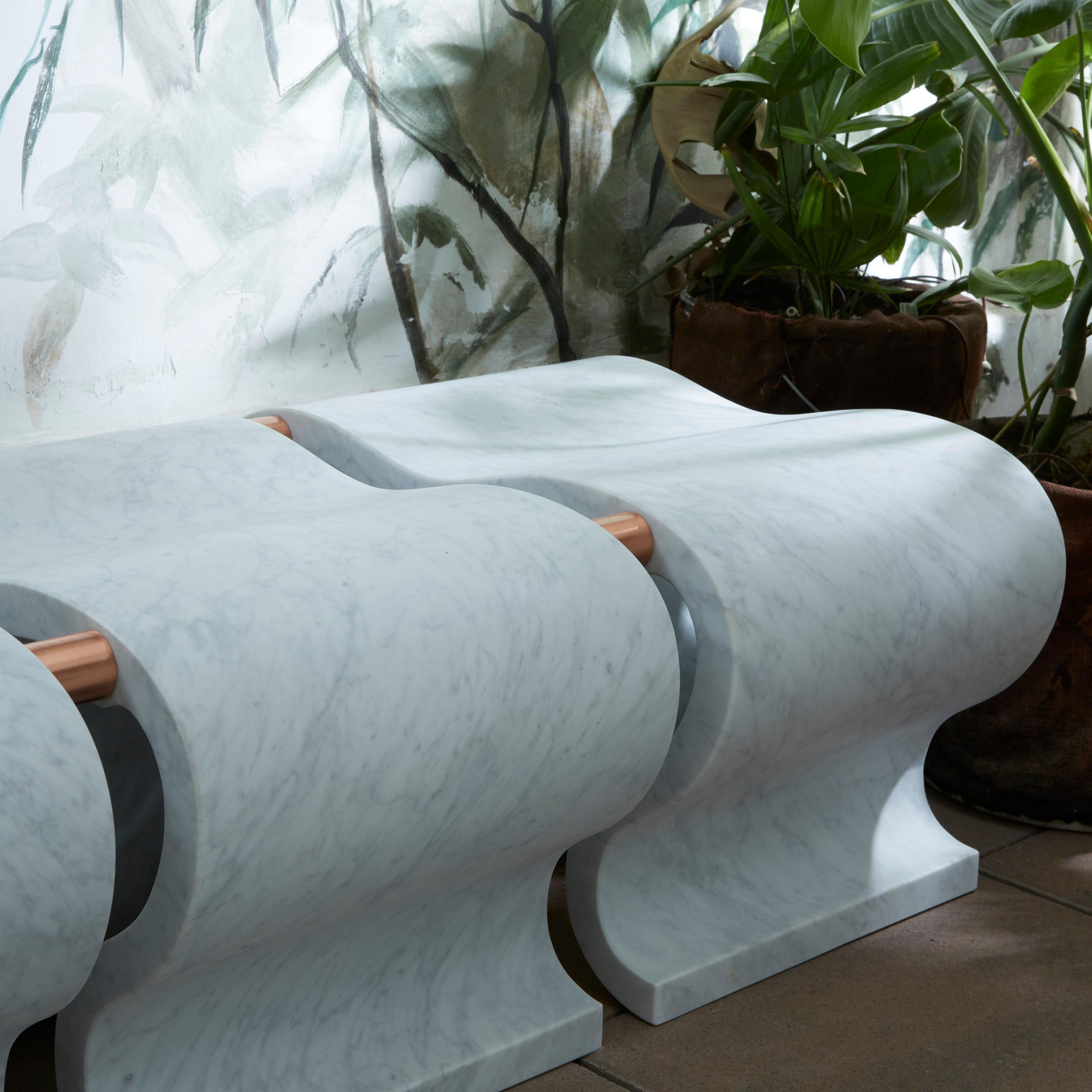 Italian Carrara Marble And Copper Onda Bench by Atelier Terrai For Sale