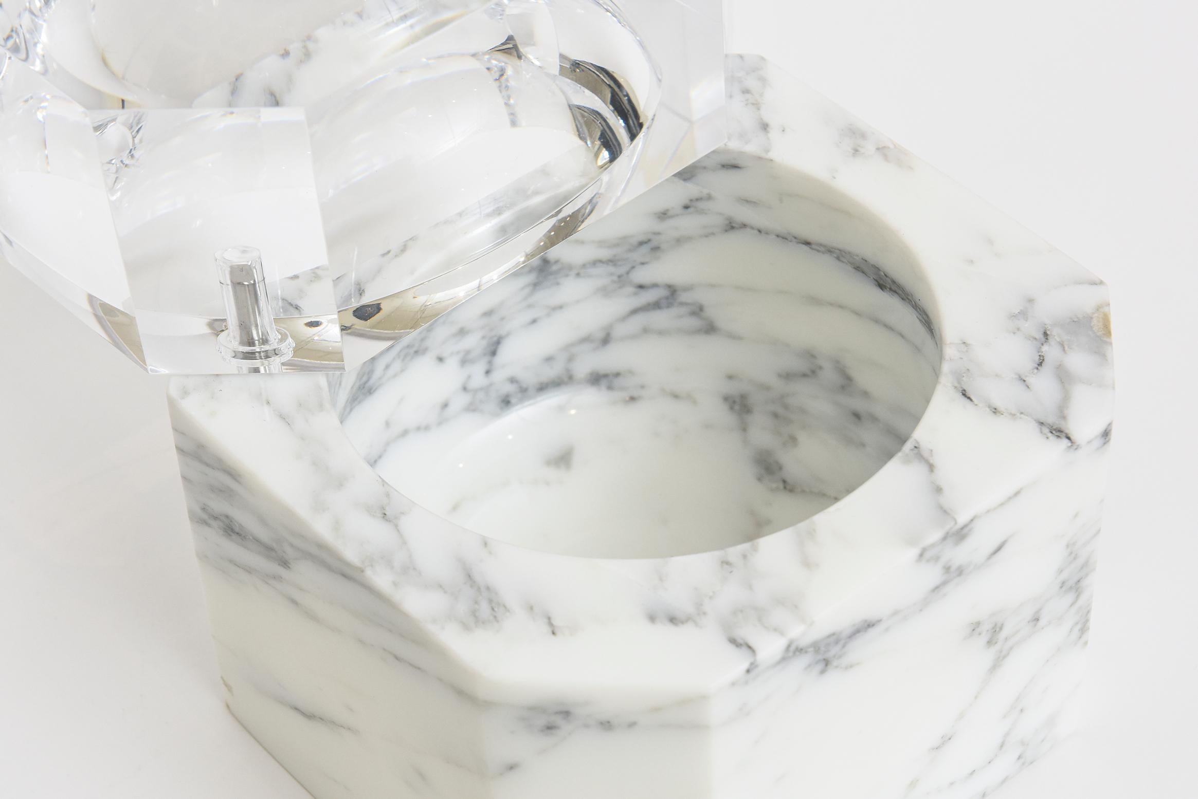 American Vintage Carrara Marble and Lucite Swivel Ice Bucket Barware For Sale