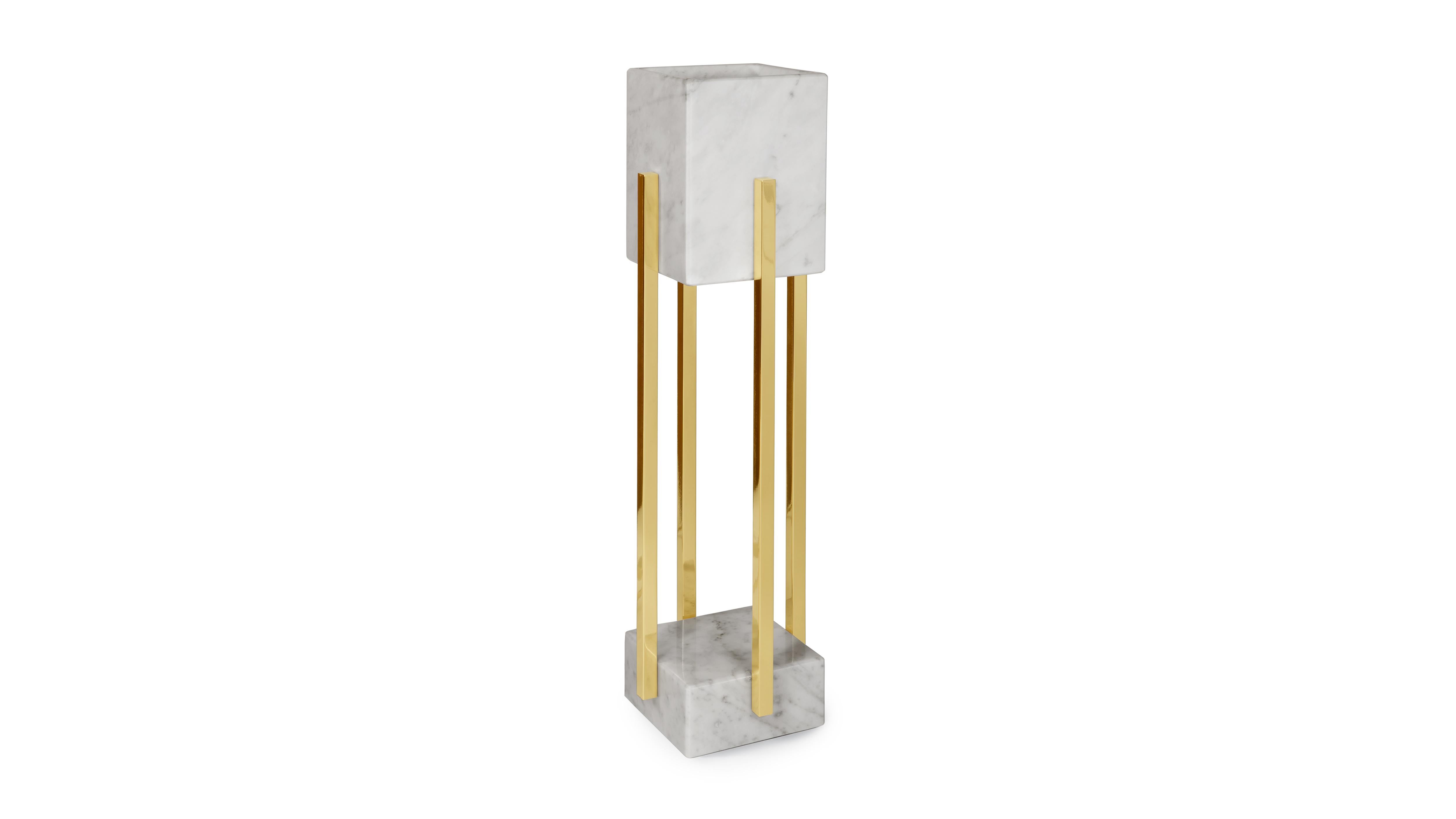 Block form Carrara marble shade and base wall scone with polished brass details. Handcrafted. Various marble and brass or steel finishes are also available.