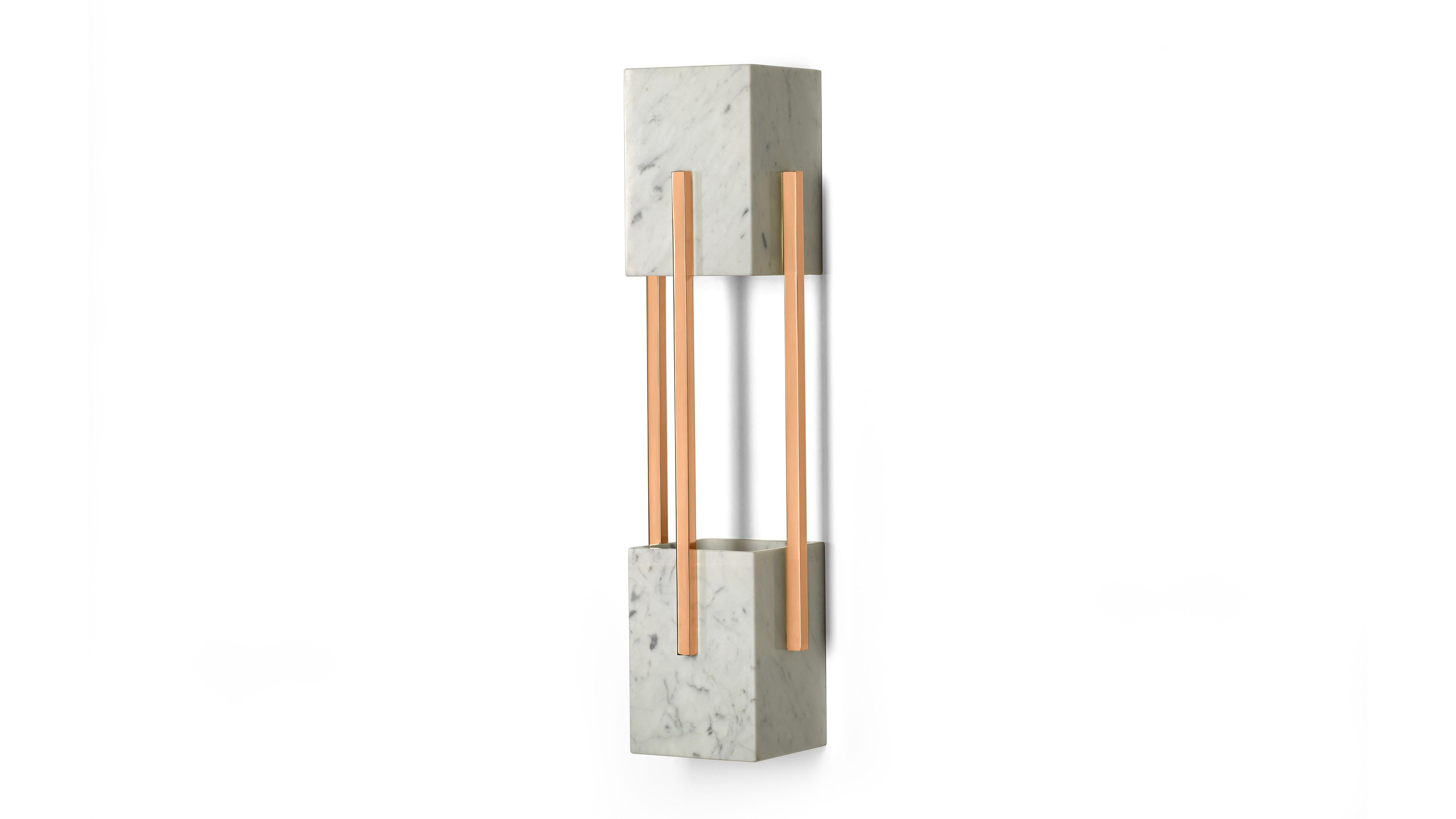 Block form Carrara marble shade and base wall scone with polished copper details. Handcrafted. Various marble and brass or steel finishes are also available.