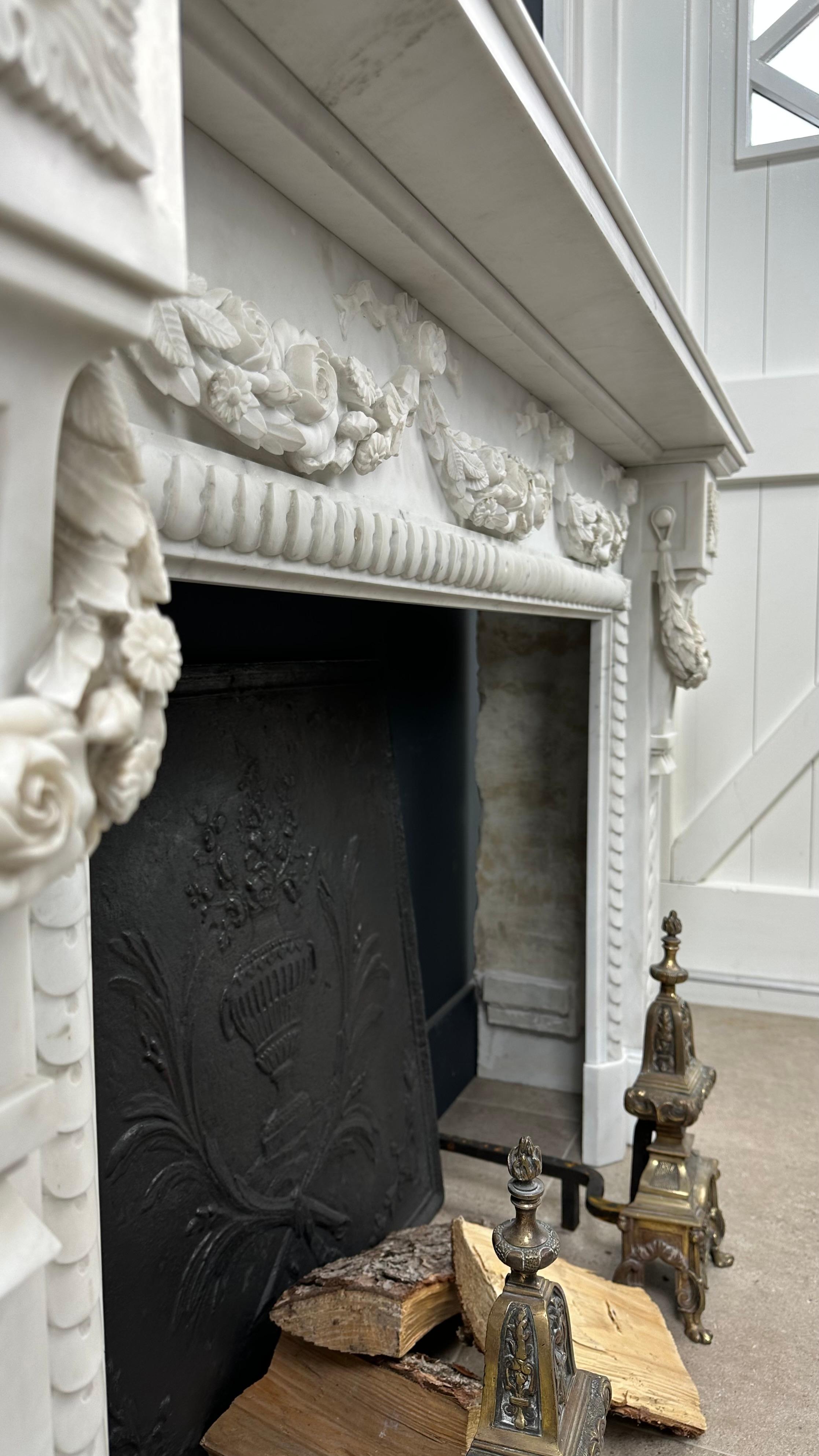 Carrara Marble Antique Front Fireplace Garland For Sale 4