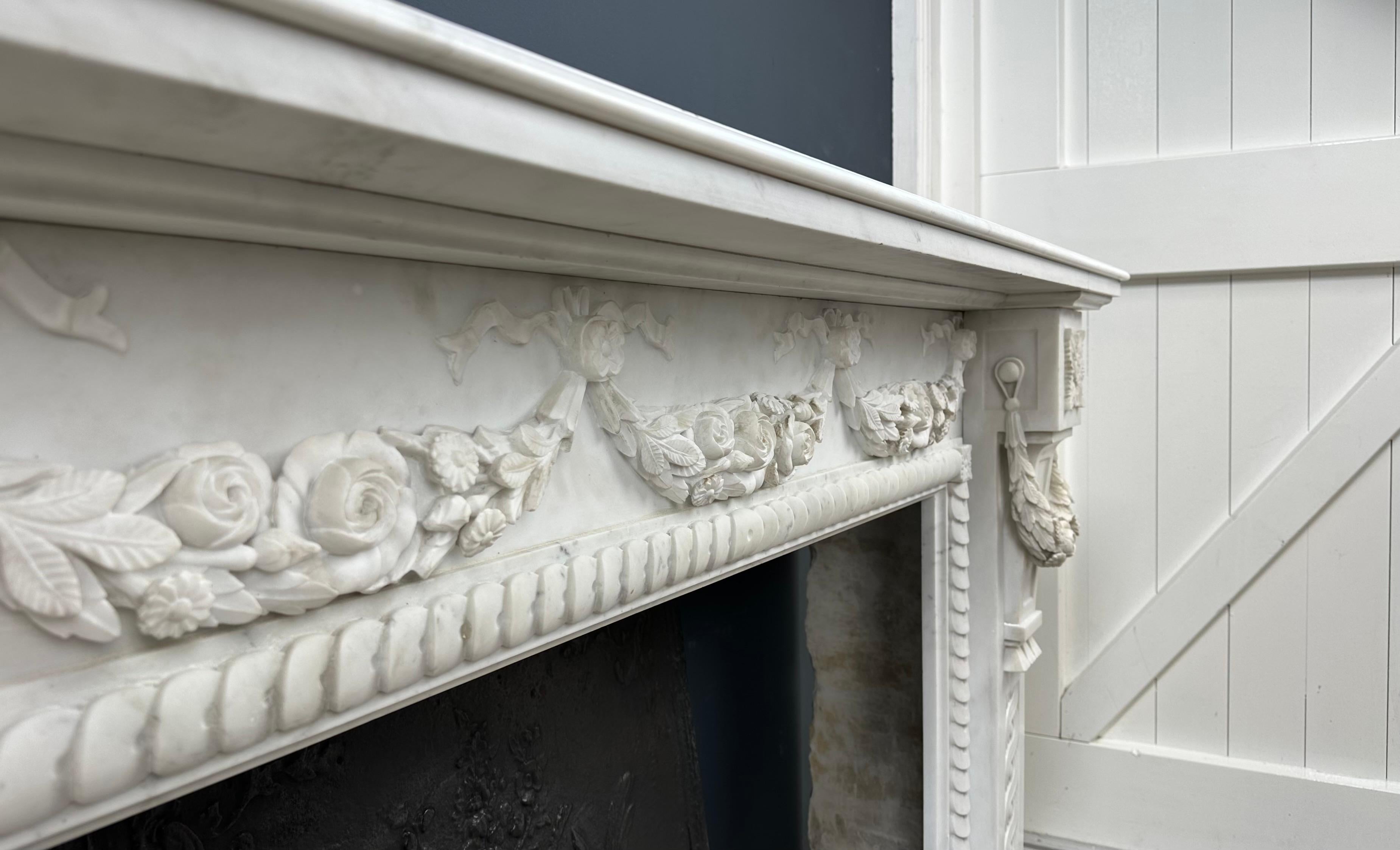 Carrara Marble Antique Front Fireplace Garland For Sale 6