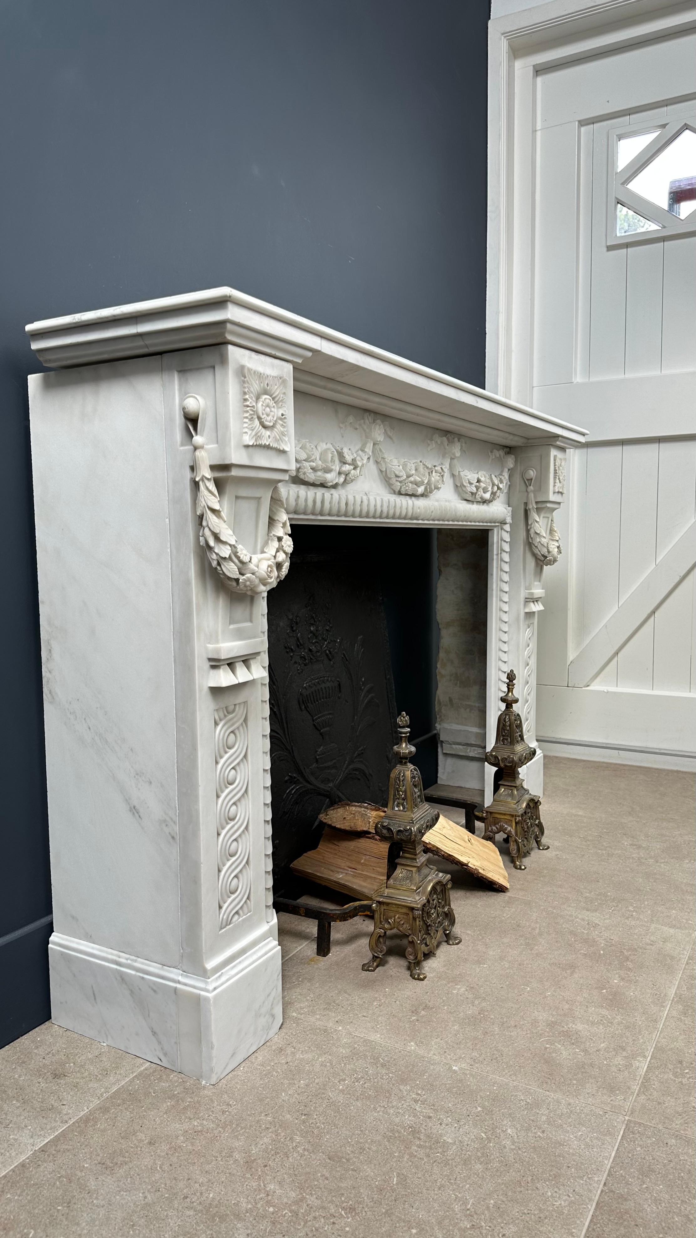 Carrara Marble Antique Front Fireplace Garland For Sale 7