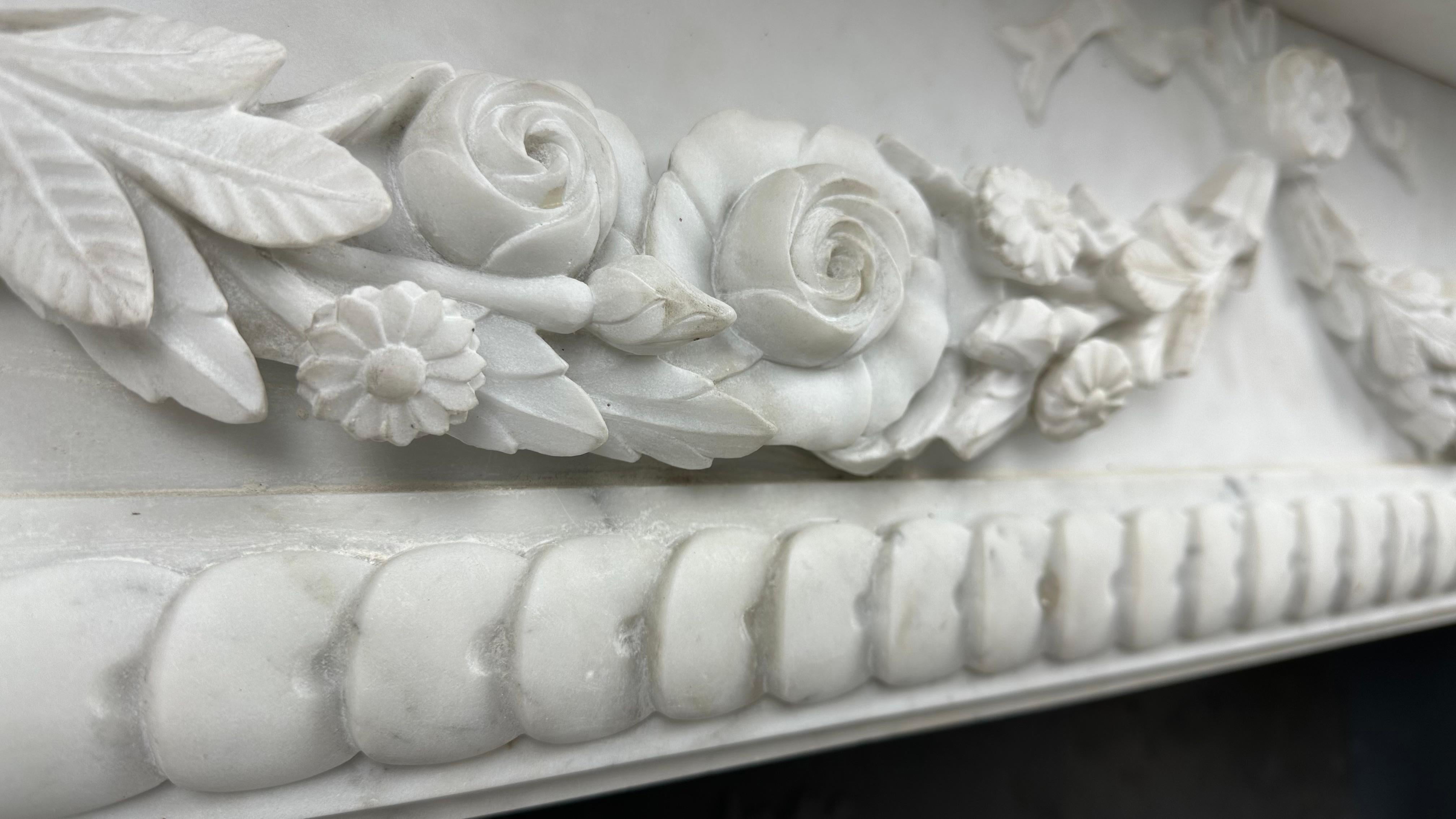 Carrara Marble Antique Front Fireplace Garland For Sale 10