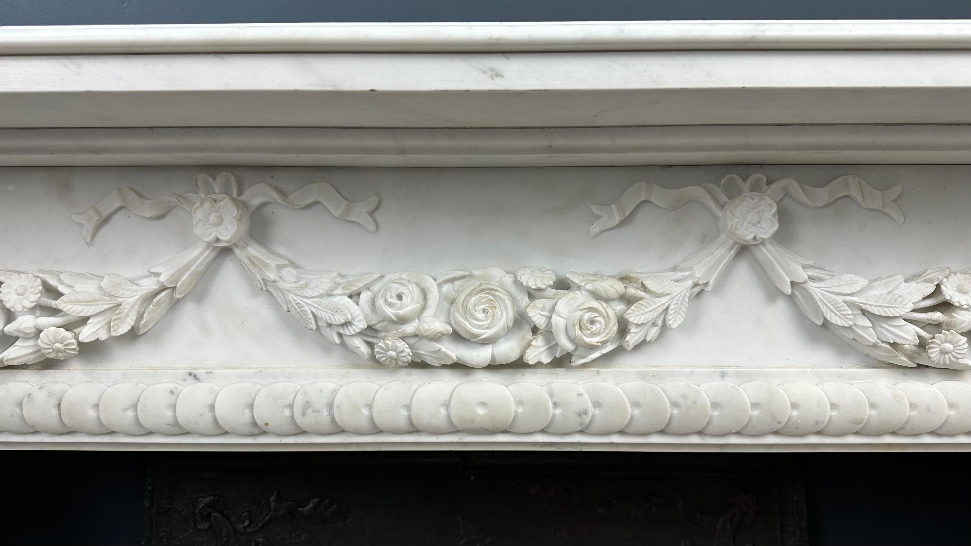 Carrara Marble Antique Front Fireplace Garland For Sale 11