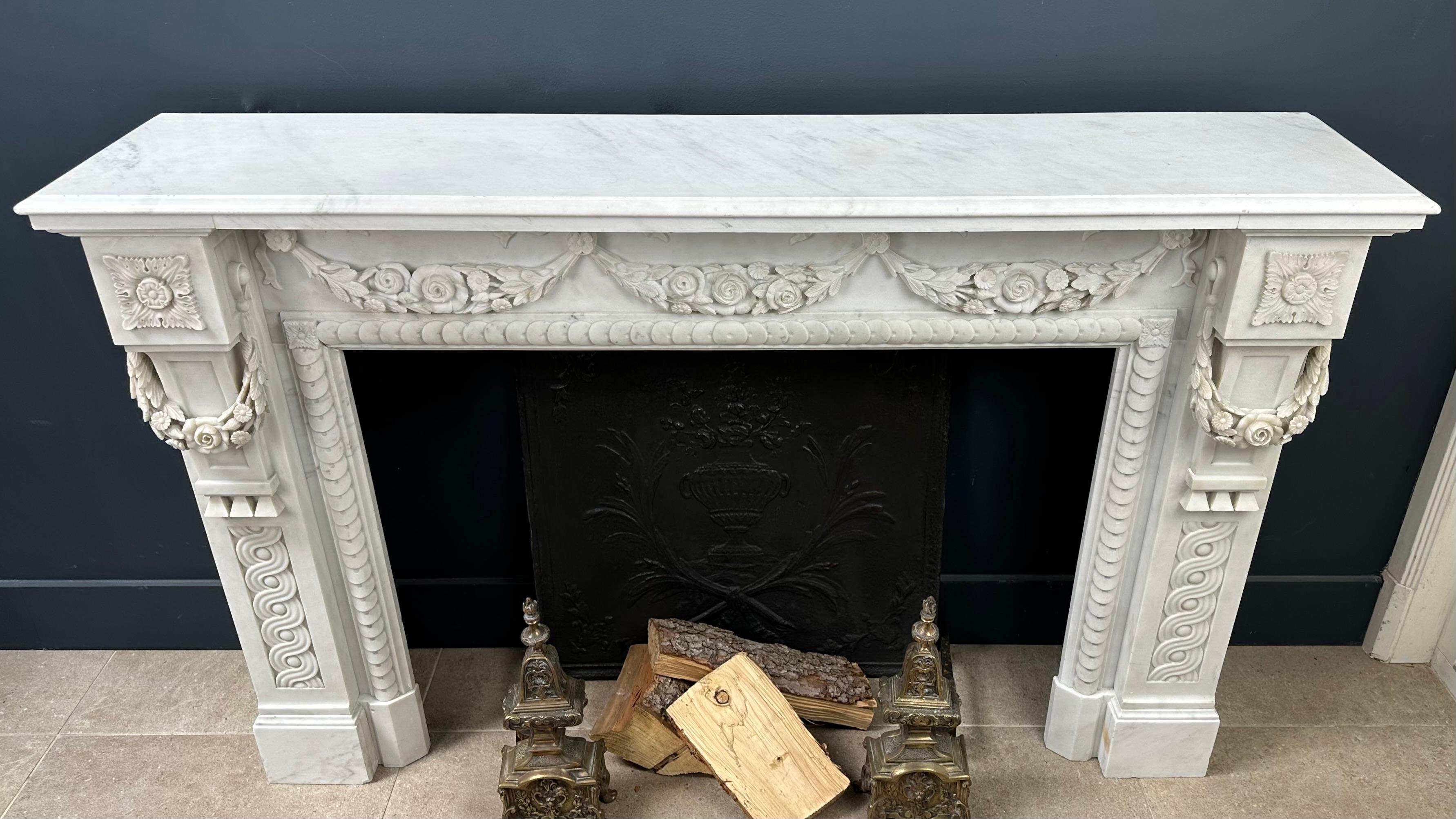 Carrara Marble Antique Front Fireplace Garland For Sale 12