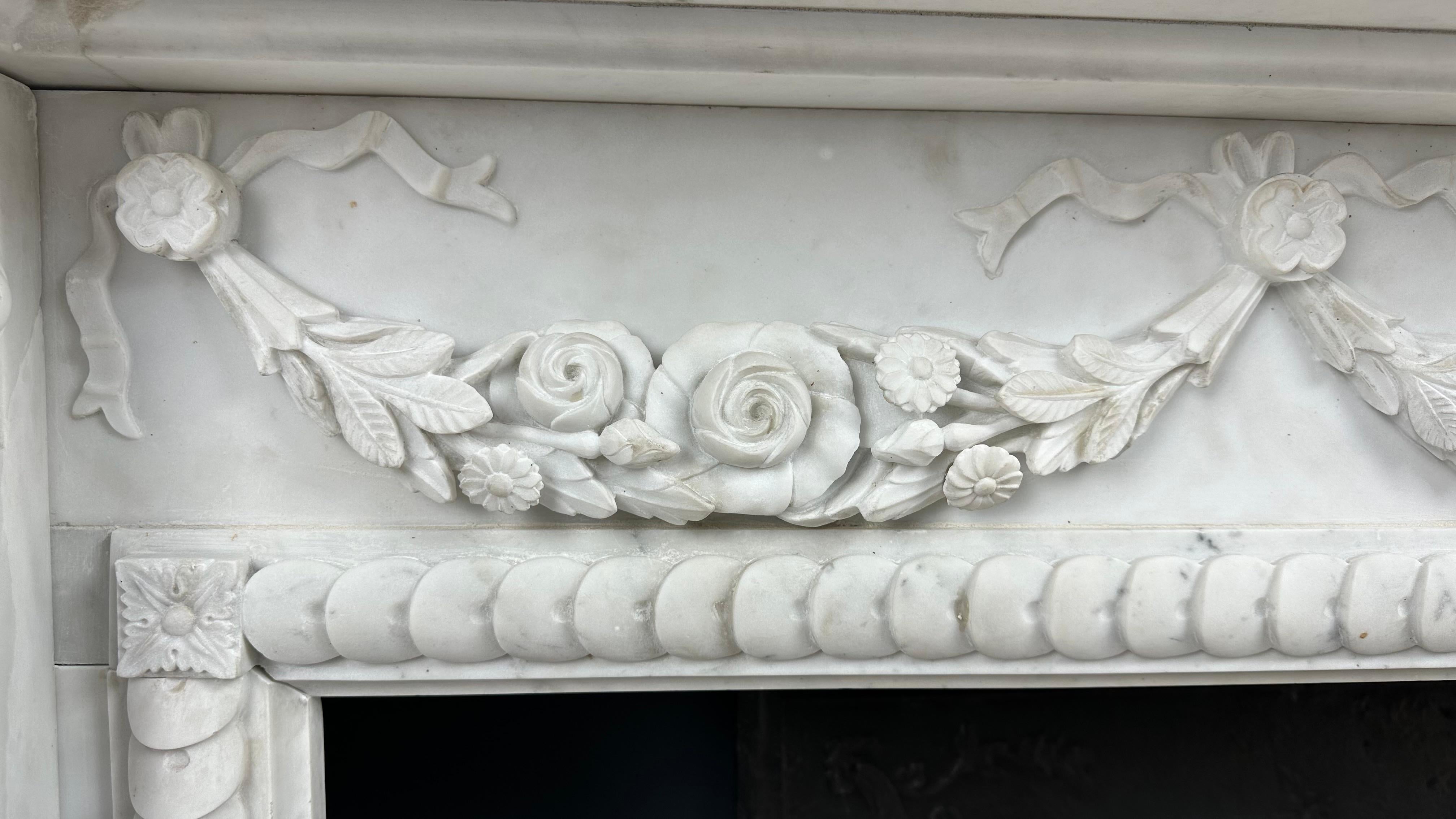 Carrara Marble Antique Front Fireplace Garland For Sale 13