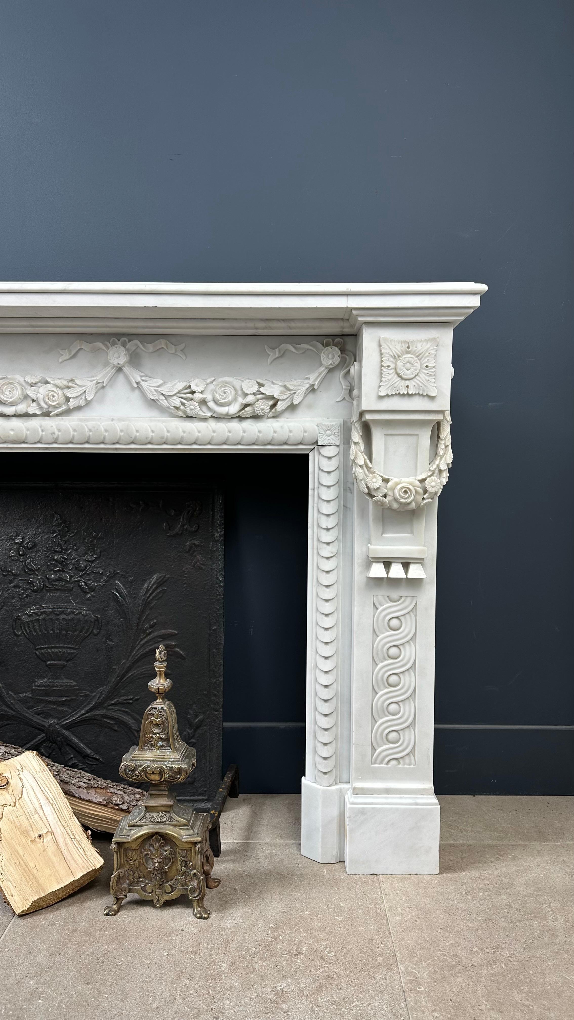 Louis XV Carrara Marble Antique Front Fireplace Garland For Sale
