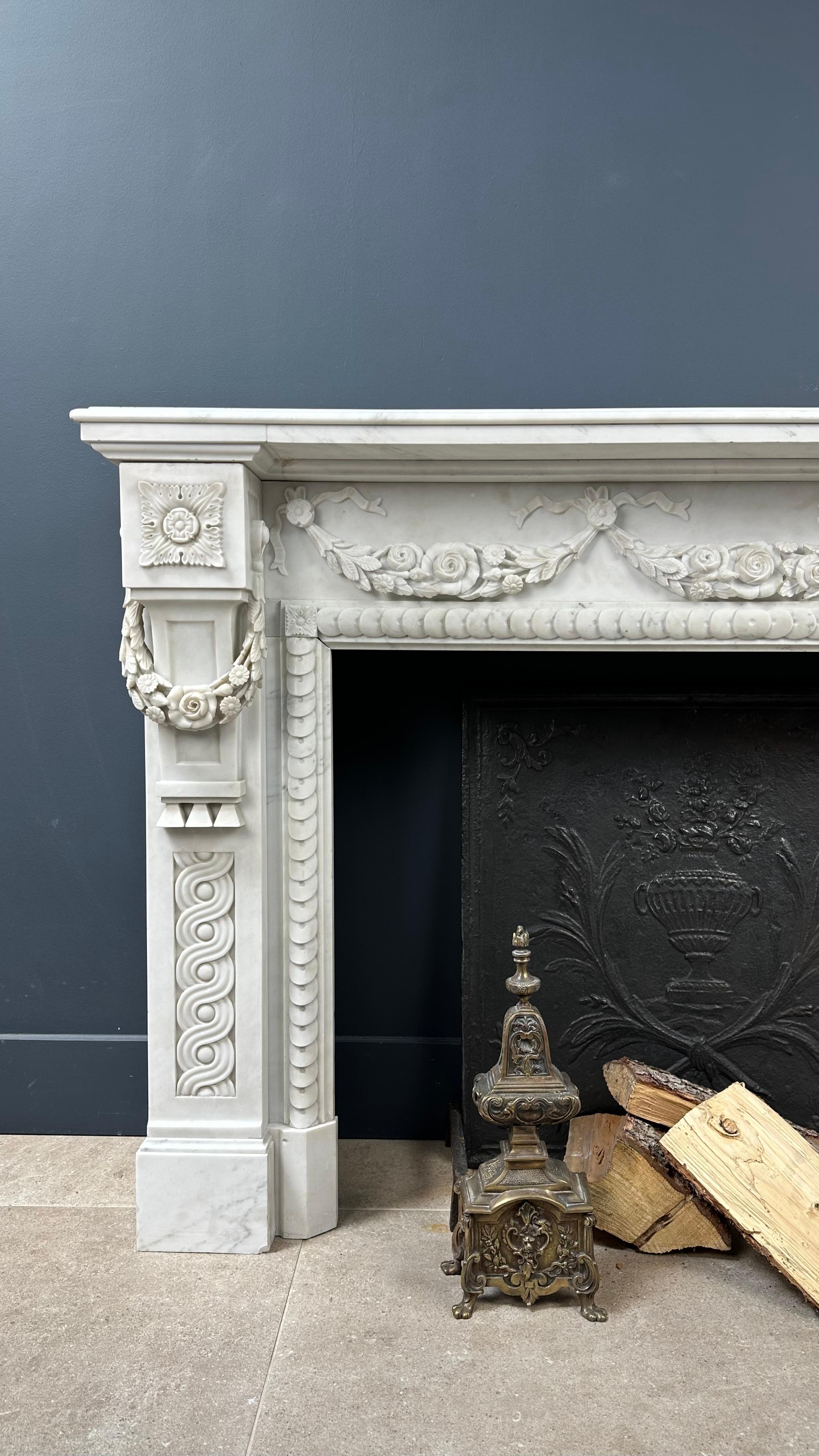 Belgian Carrara Marble Antique Front Fireplace Garland For Sale