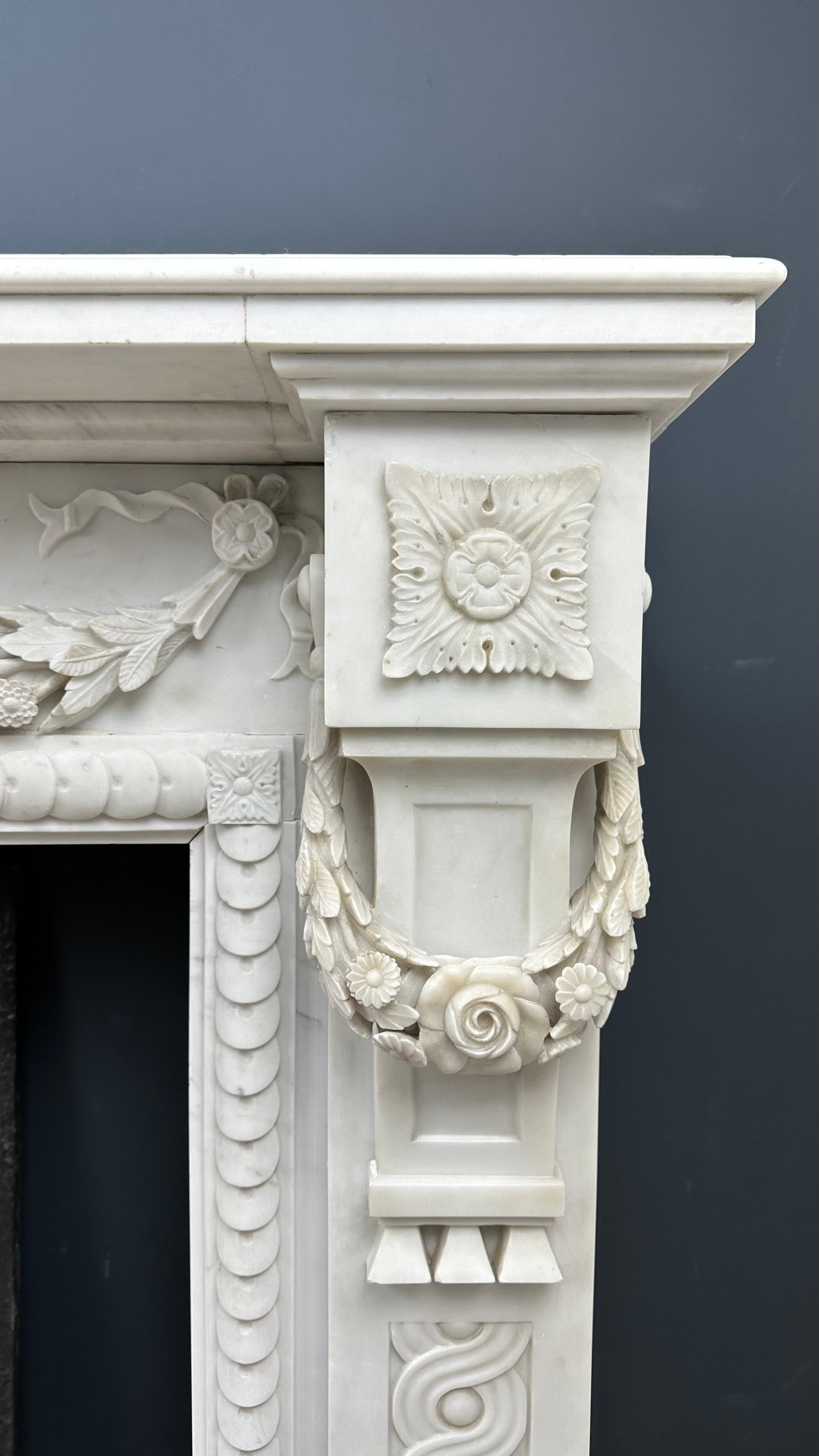 Hand-Carved Carrara Marble Antique Front Fireplace Garland For Sale