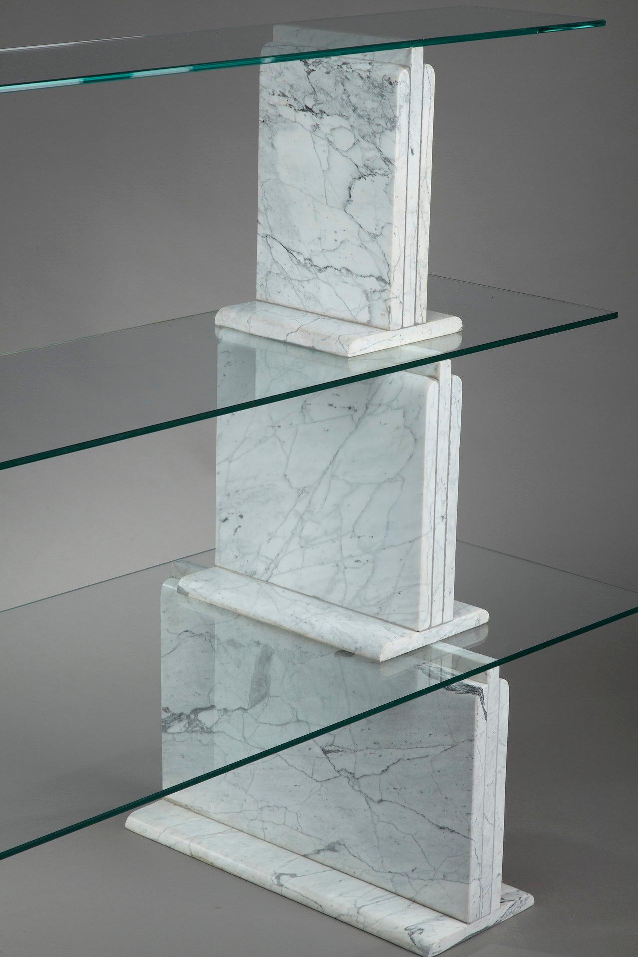 Carrara Marble Bookcase with Glass Shelves, 1970 For Sale 1