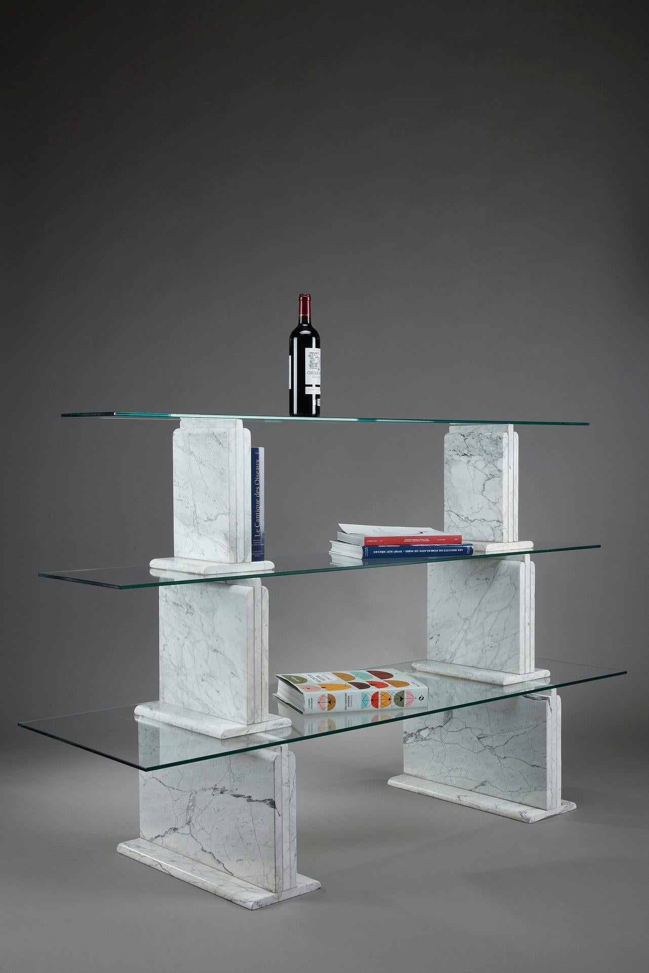 Carrara Marble Bookcase with Glass Shelves, 1970 For Sale 8