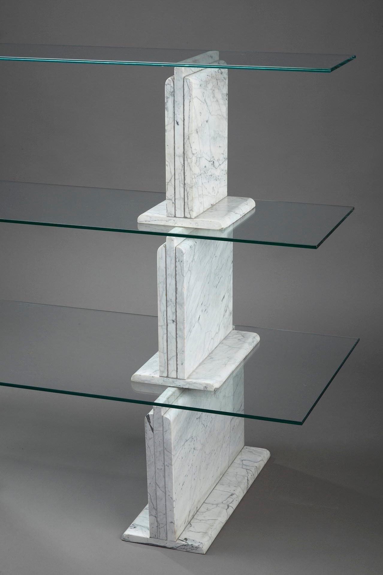Mid-Century Modern Carrara Marble Bookcase with Glass Shelves, 1970 For Sale