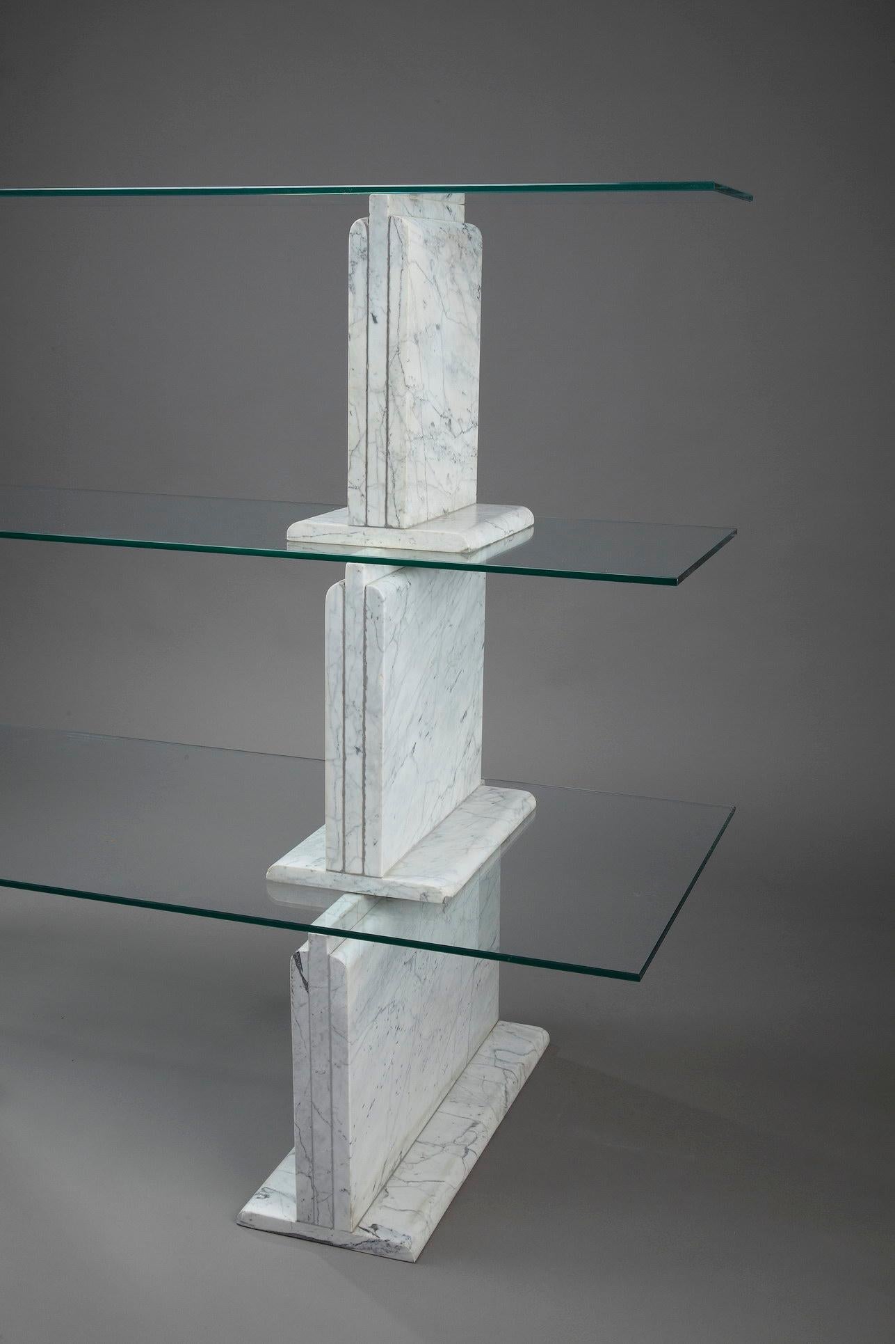 Italian Carrara Marble Bookcase with Glass Shelves, 1970 For Sale