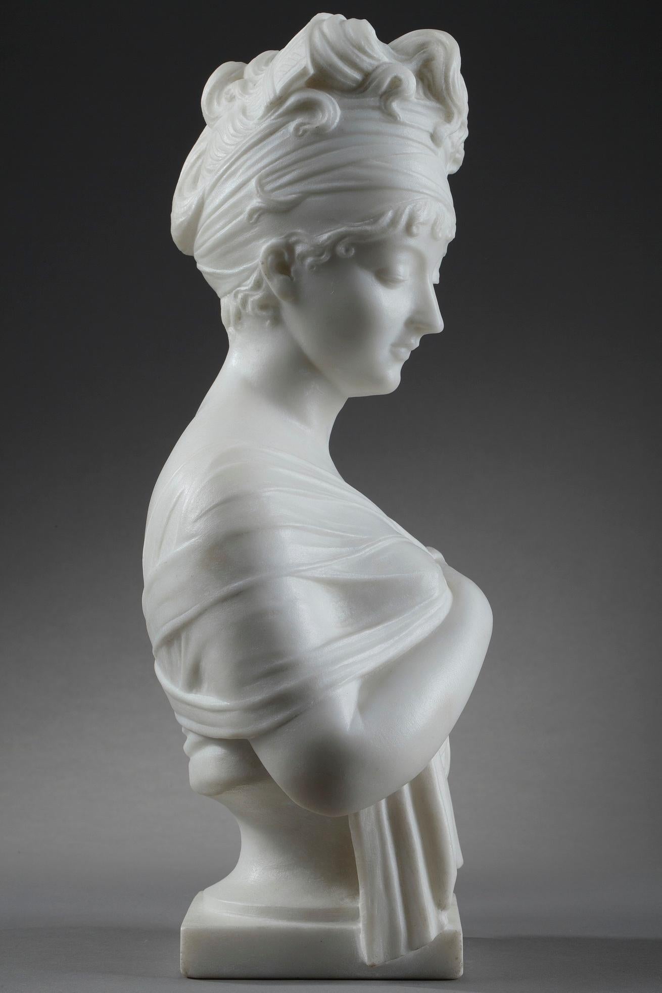19th Century Carrara Marble Bust of Juliette Récamier after Joseph Chinard For Sale