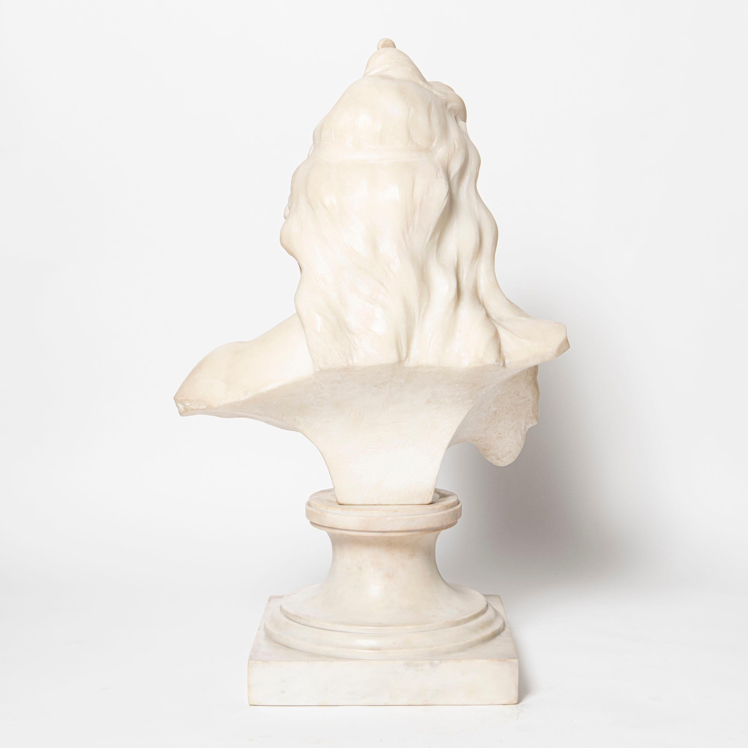 Late 19th Century Carrara Marble Bust Sculpture Signed H. Moreau, France, circa 1890 For Sale