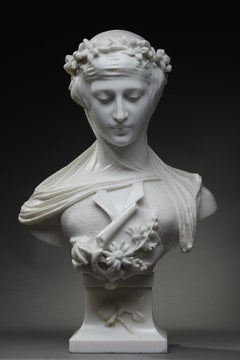 Carrara Marble Bust, "Woman with Veil and Crown of Flowers"