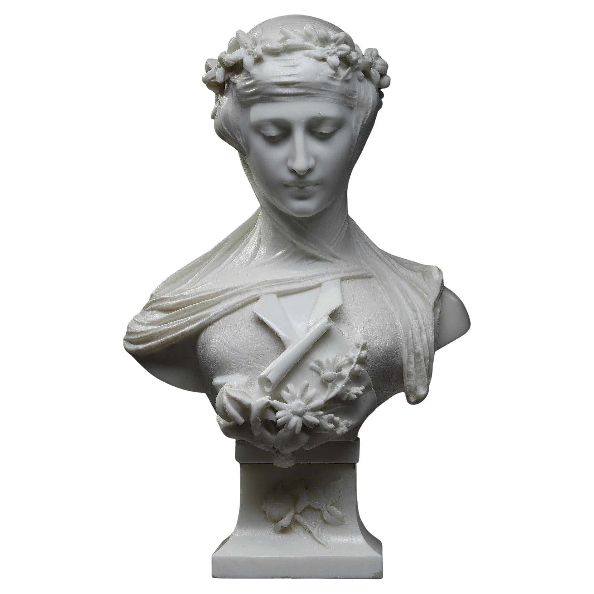 Carrara Marble Bust, "Woman with Veil and Crown of Flowers"