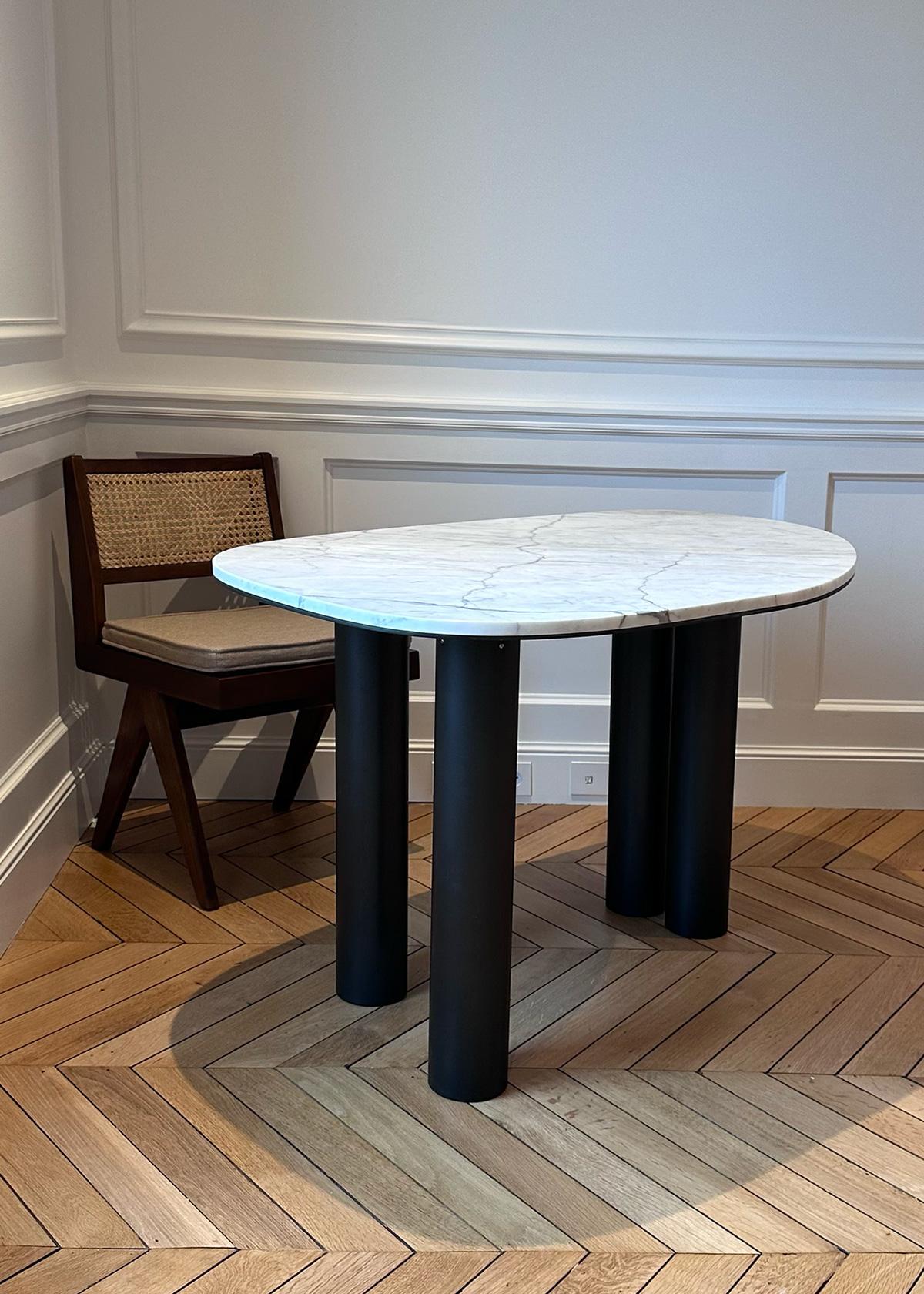 French Carrara Marble Small Organic Shape Desk with Black Steel Base Made in France For Sale