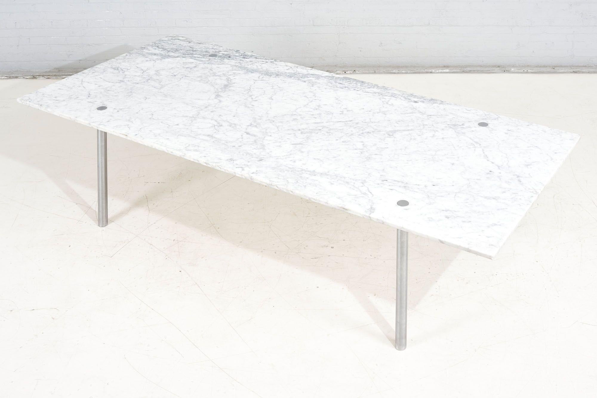 Carrara Marble dining table with stainless steel legs. Designed by William Katavolos, Ross Littel, and Douglas Kelly. Manufactured by Lavern International.