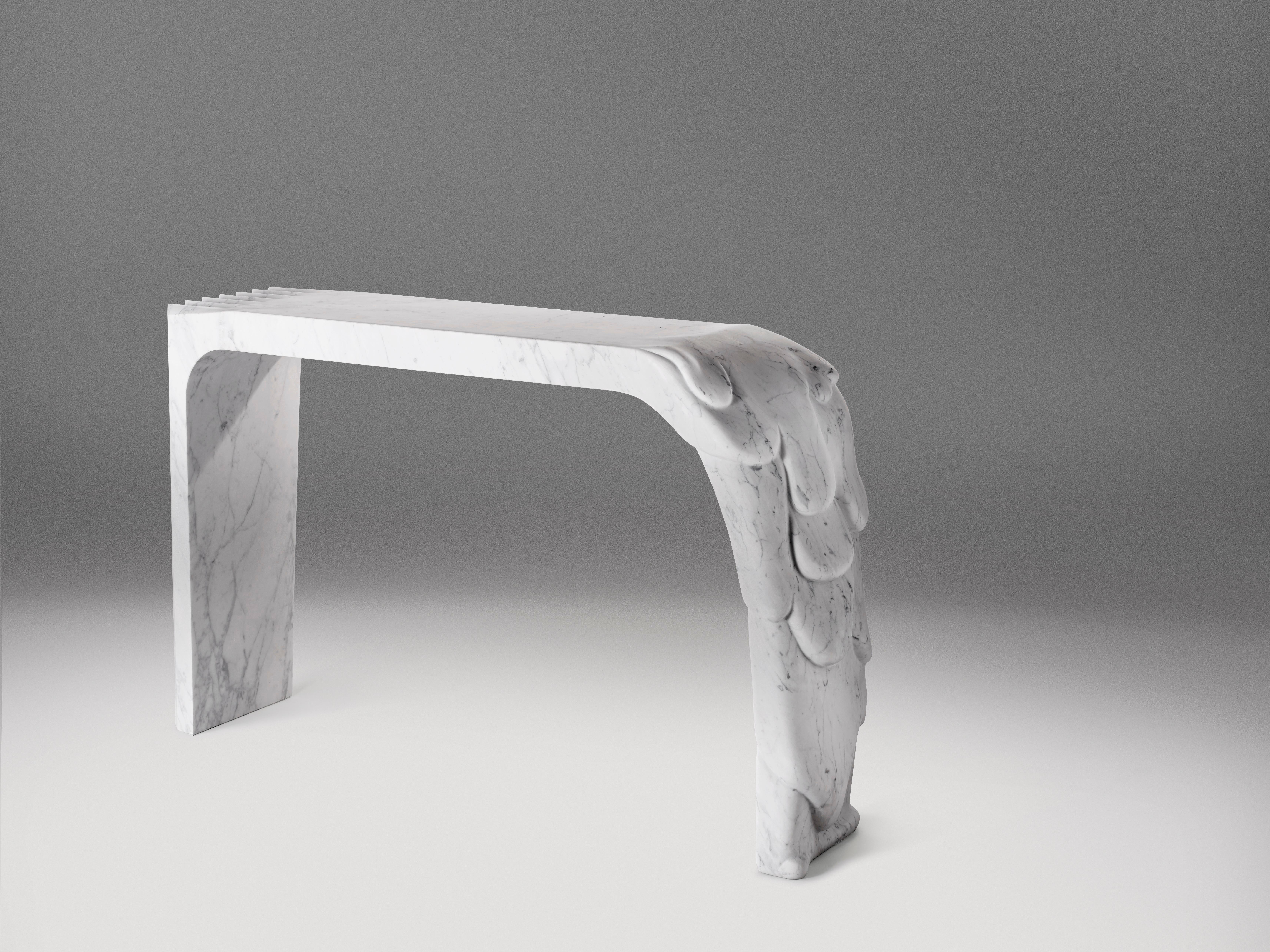Carrara Marble Evoluzione Sculptural Console by Atelier Terrai
Dimensions: D 35 x W 150 x H 85 cm.
Materials: Carrara marble.

This sculpture is engraved from a solid block of white Carrara marble with exquisite attention to detail. It is a superb