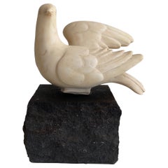 Scultura in marmo di Carrara raffigurante una colomba appoggiata su una base in pietra firmata