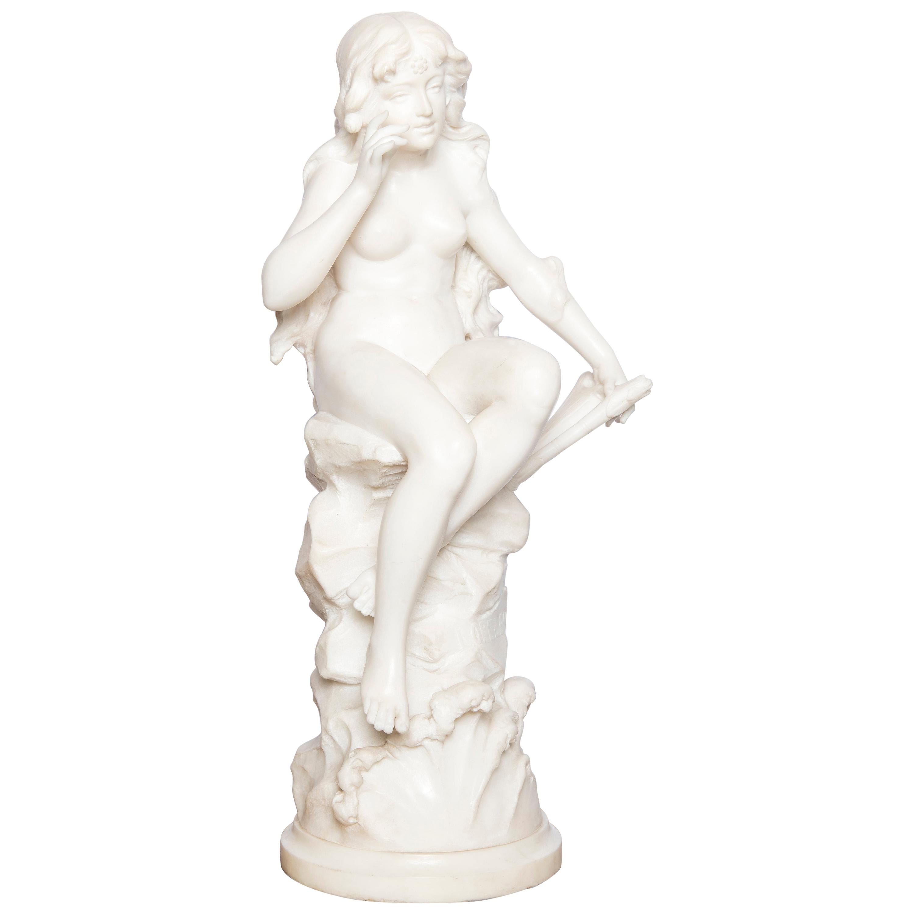 Carrara Marble Sculpture Signed "Loreley" by Hippolyte Moreau, France, 1890 For Sale