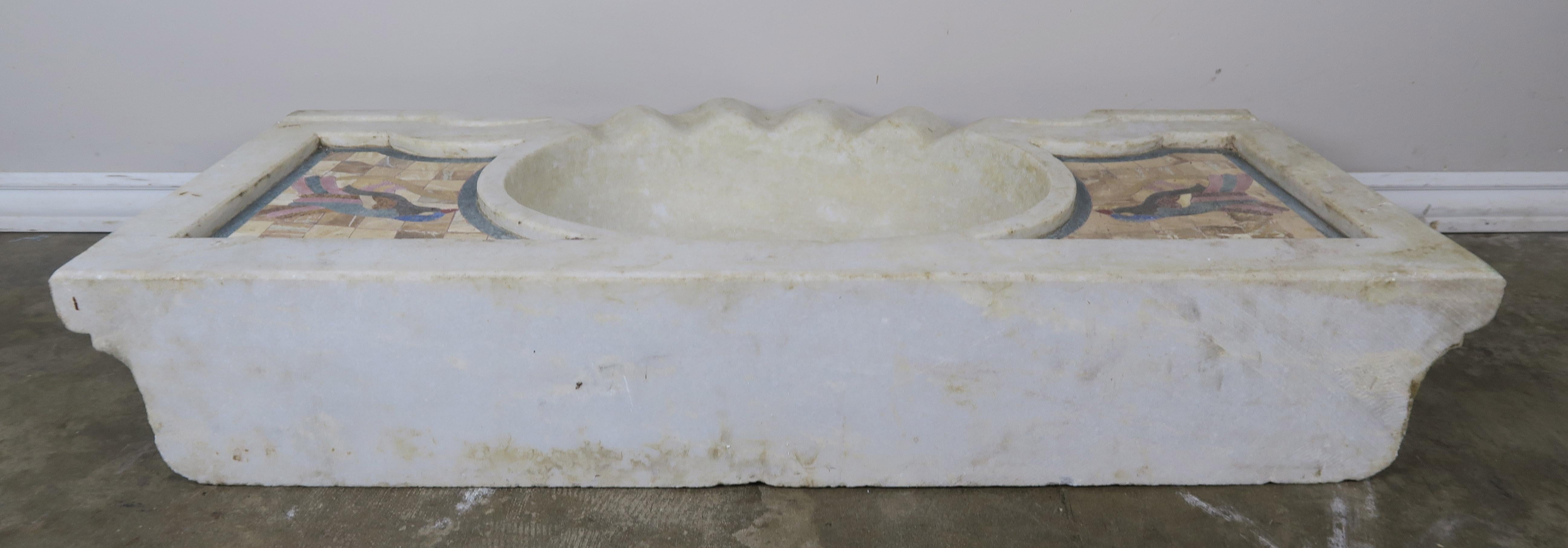 Carrara Marble Sink with Inlaid Stone Birds 4