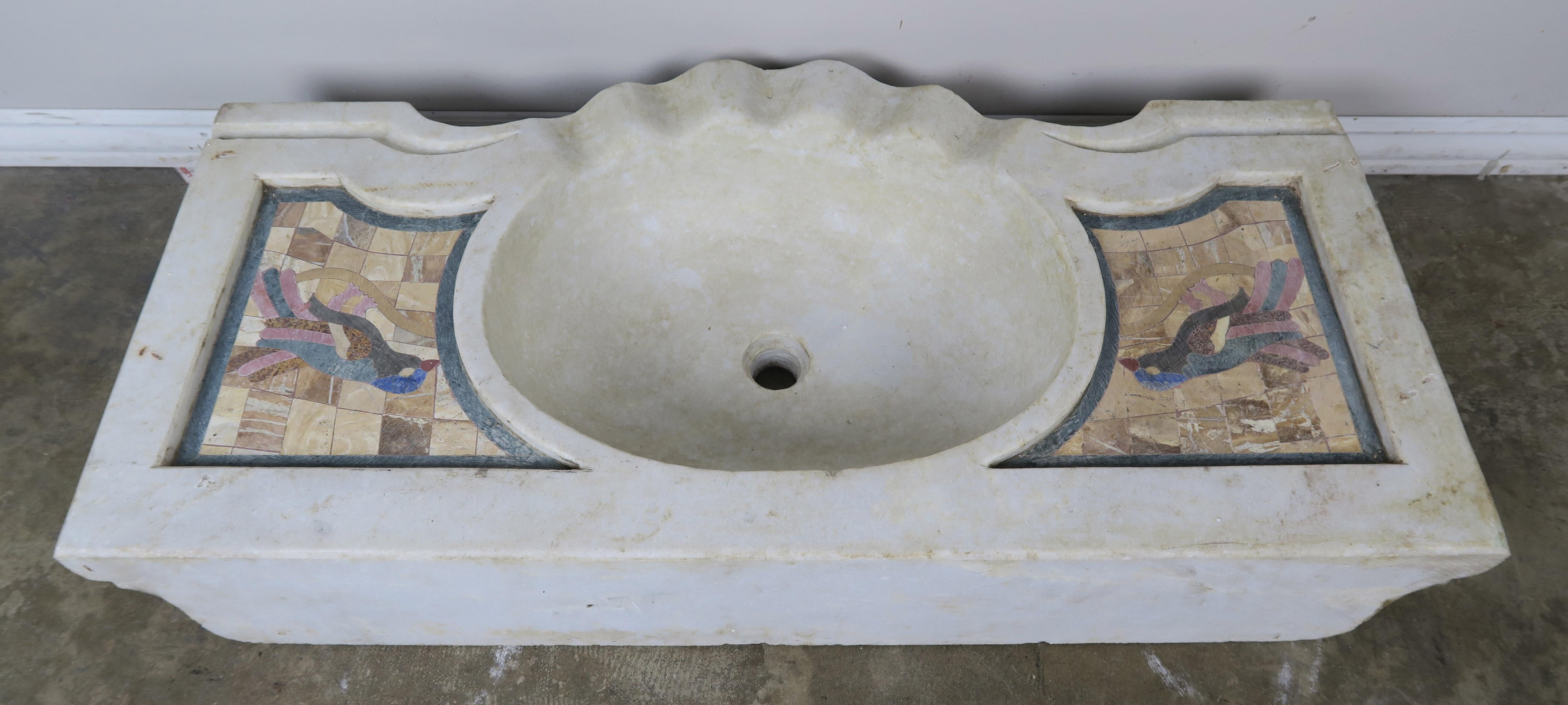 Carrara Marble Sink with Inlaid Stone Birds 5