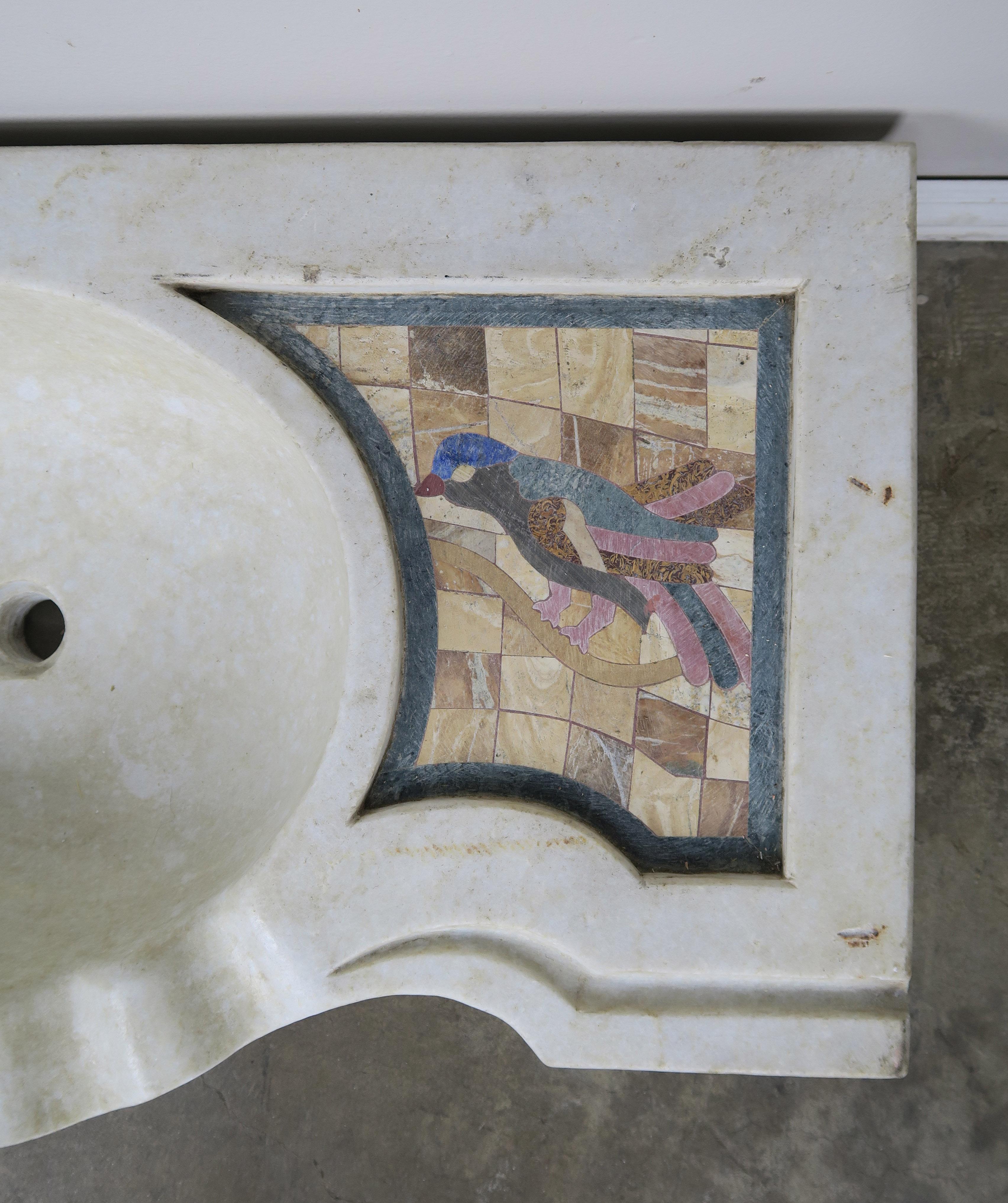 Classical Roman Carrara Marble Sink with Inlaid Stone Birds
