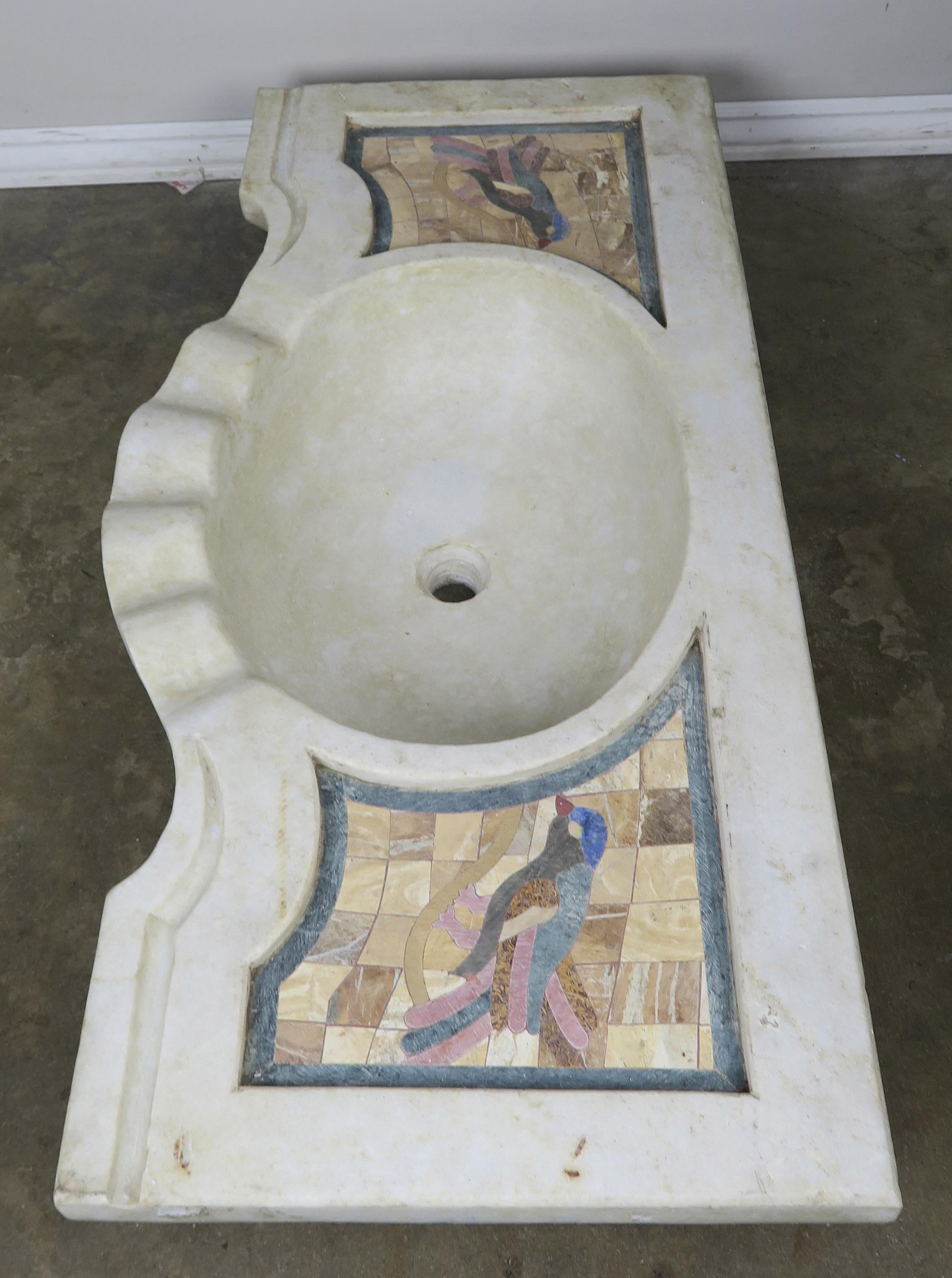 Carrara Marble Sink with Inlaid Stone Birds 1