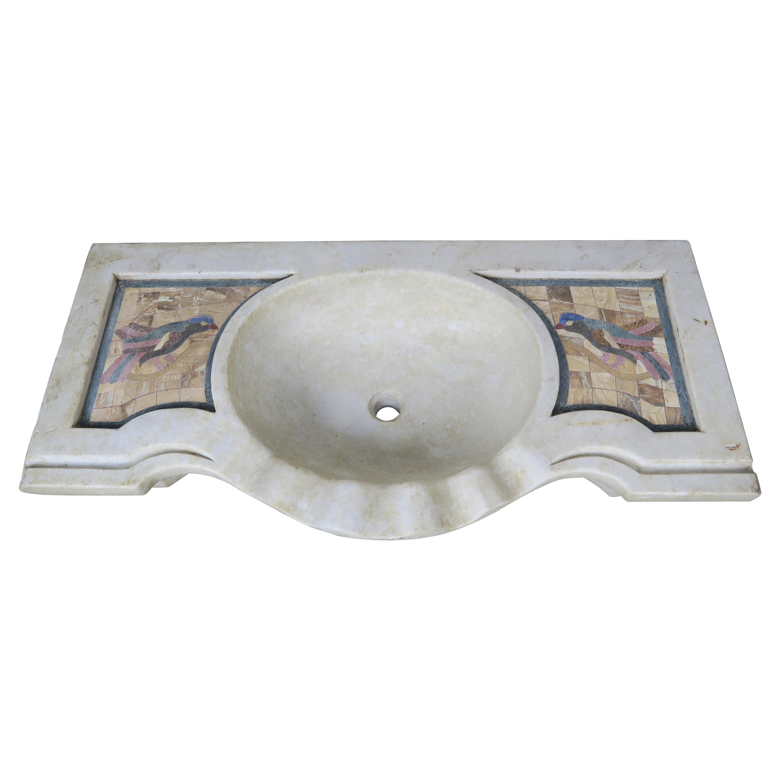 Carrara Marble Sink with Inlaid Stone Birds