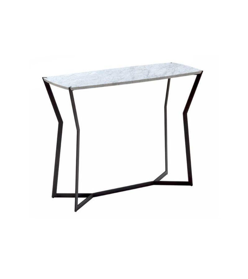 Carrara marble star console table by Olivier Gagnère
Materials: Base in gold lacquered metal or black bronze. Top in white Carrara marble or black Marquina marble
Technique: Lacquered metal, polished marble. 
Dimensions: D 42 x W 110 x H 85 cm
Also