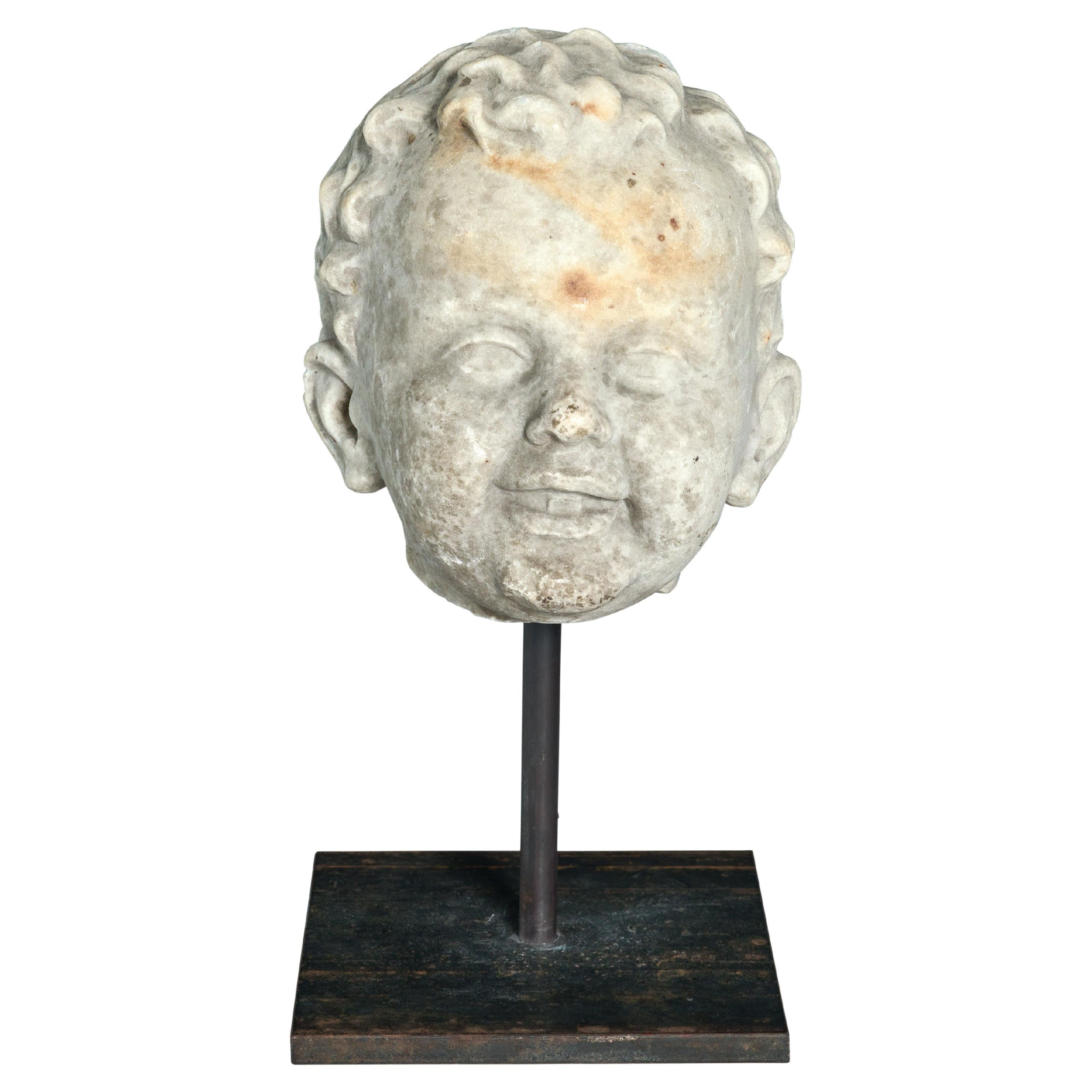 Carrara Marble Statue Fragment of Happy Young Man For Sale