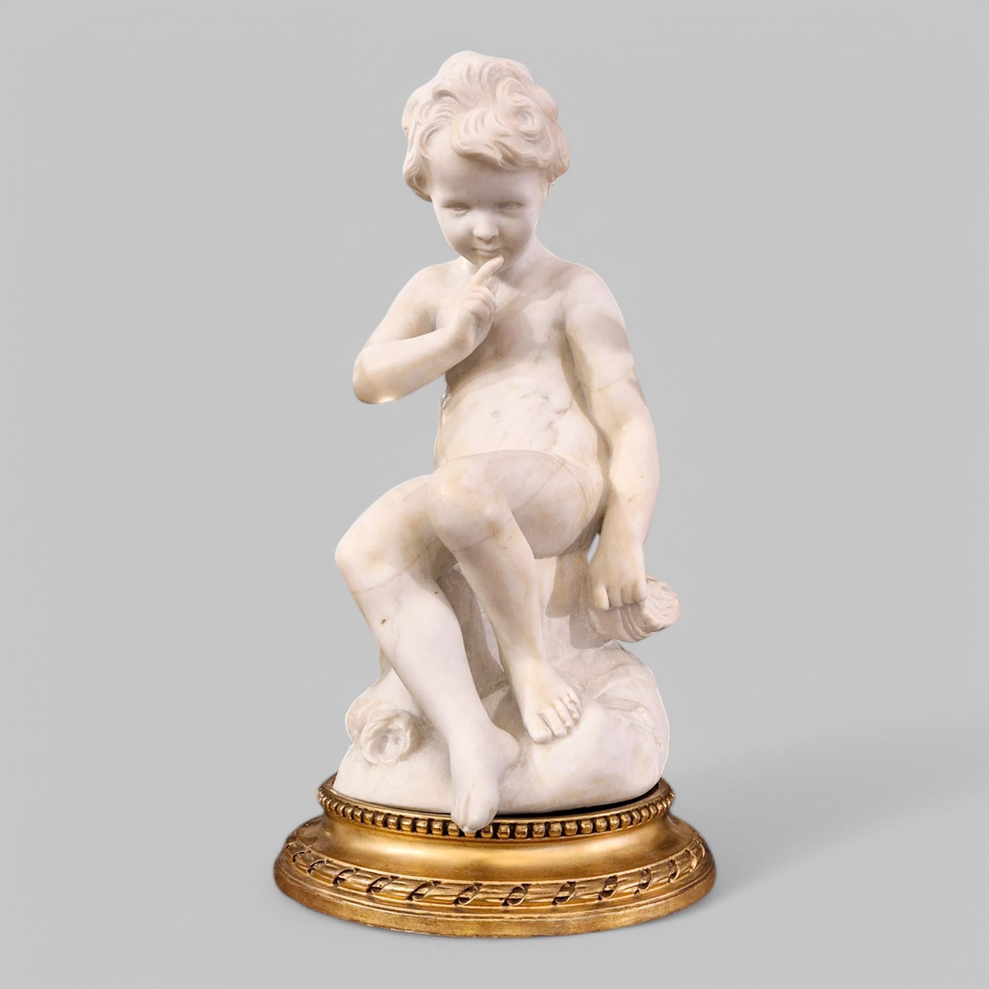 Carved Carrara marble statue of Cupid, 19th century, after Étienne Maurice Falconet For Sale