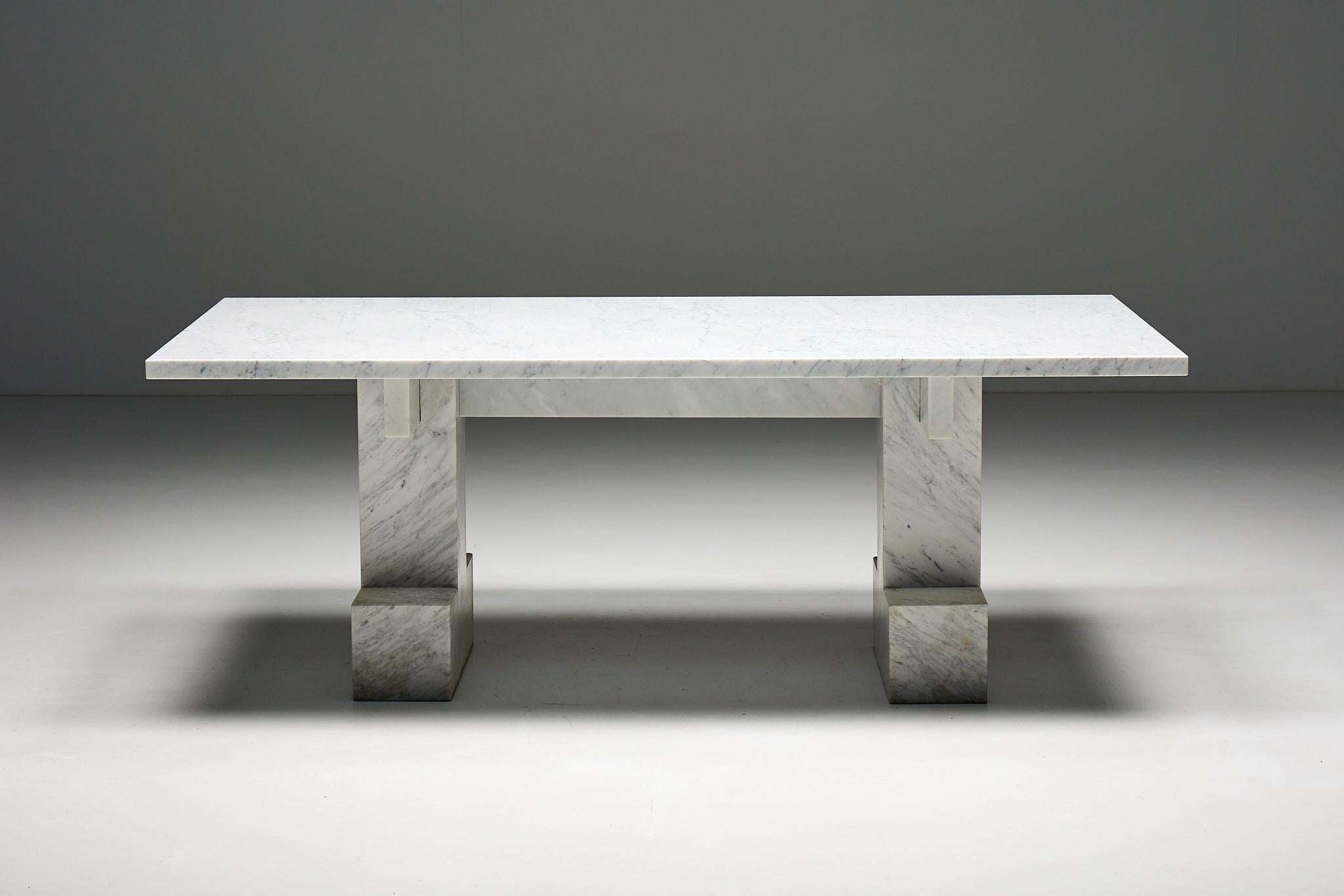 Carrera Marble; Brutalist; Italy; Architect's Edition; 1970s; Table; Postmodernism; 

Carrera marble table, crafted in Italy during the iconic 1970s era. This remarkable piece showcases sturdy legs and a luxurious 4 cm thick tabletop, exuding a