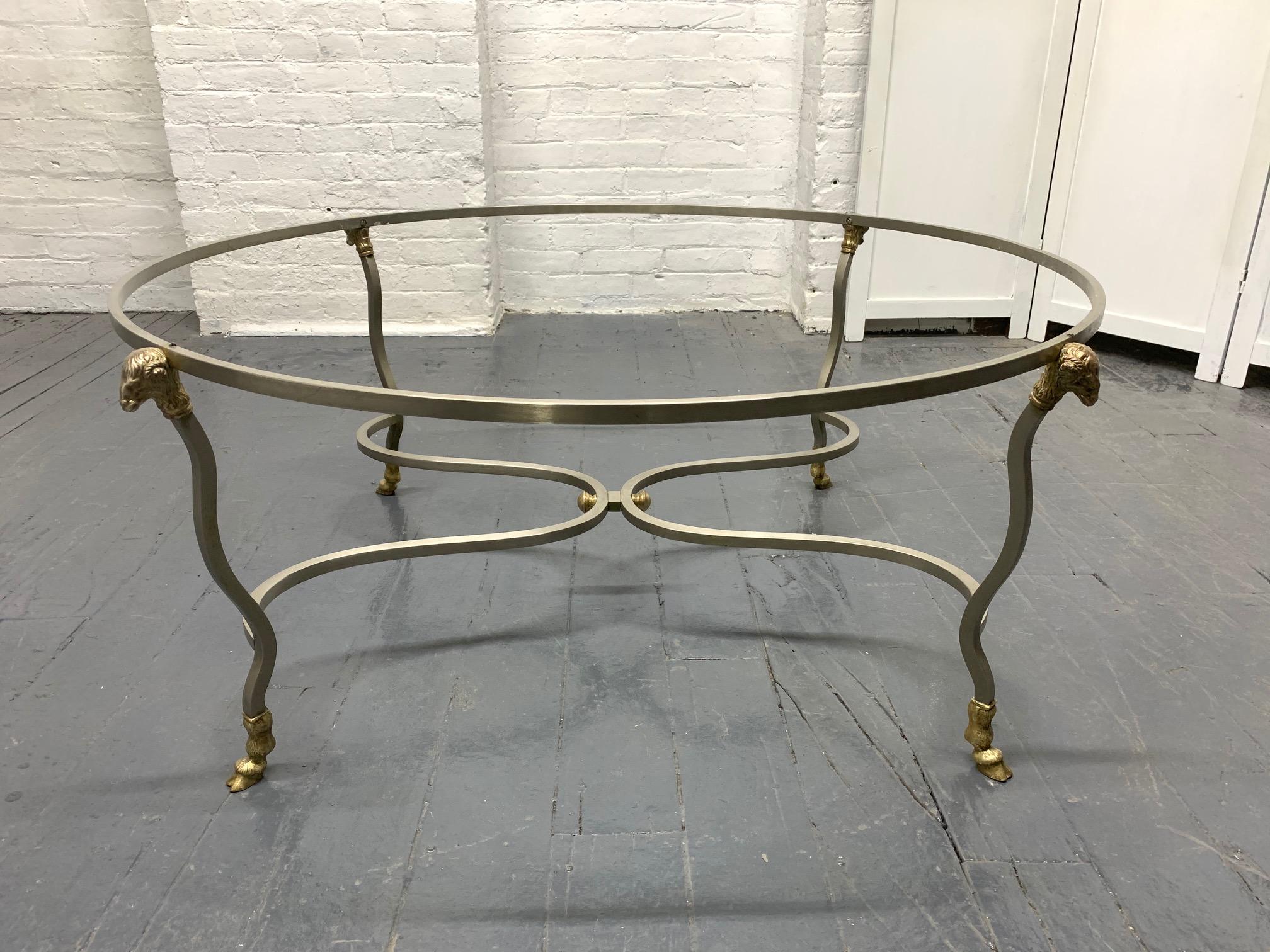 Italian Carrara Marble-Top Steel and Brass Coffee Table with Ram's Head