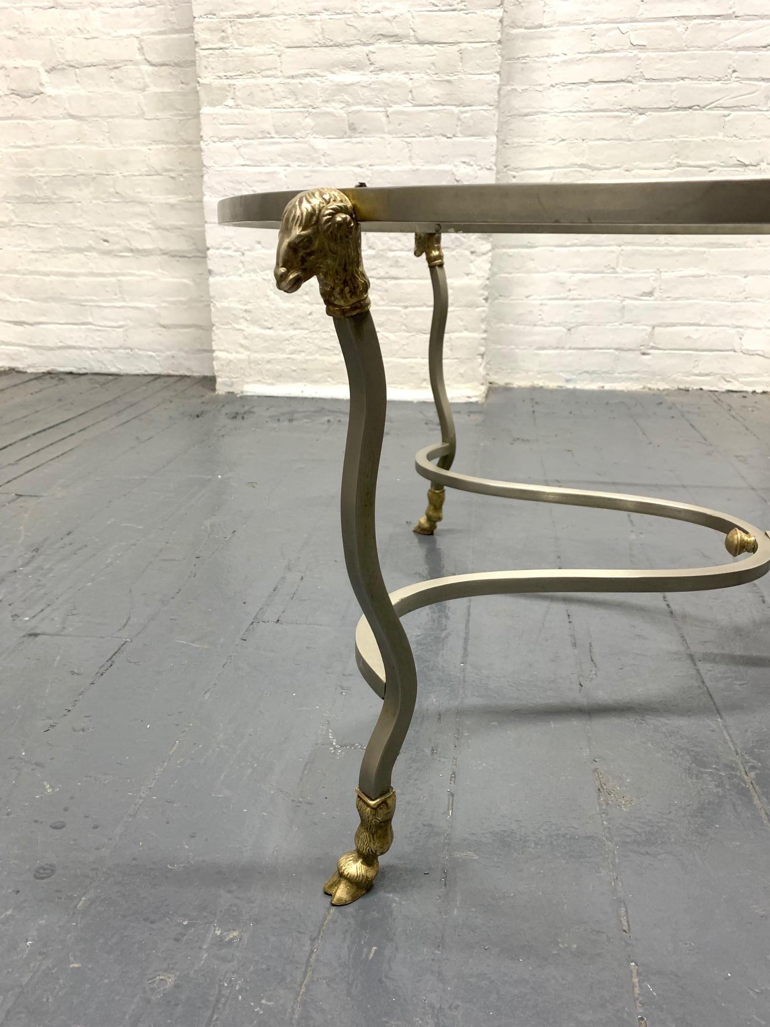 Carrara Marble-Top Steel and Brass Coffee Table with Ram's Head In Good Condition In New York, NY