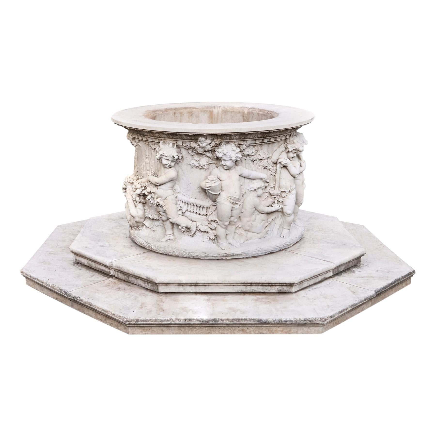 Carrara Marble Wellhead with Intricate Carvings Raised on Octagonal Base, 1920s