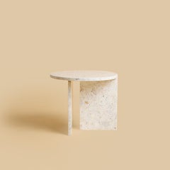 Ecru White Carrara Terrazzo Marble Side Table with Round Top by Lebanto