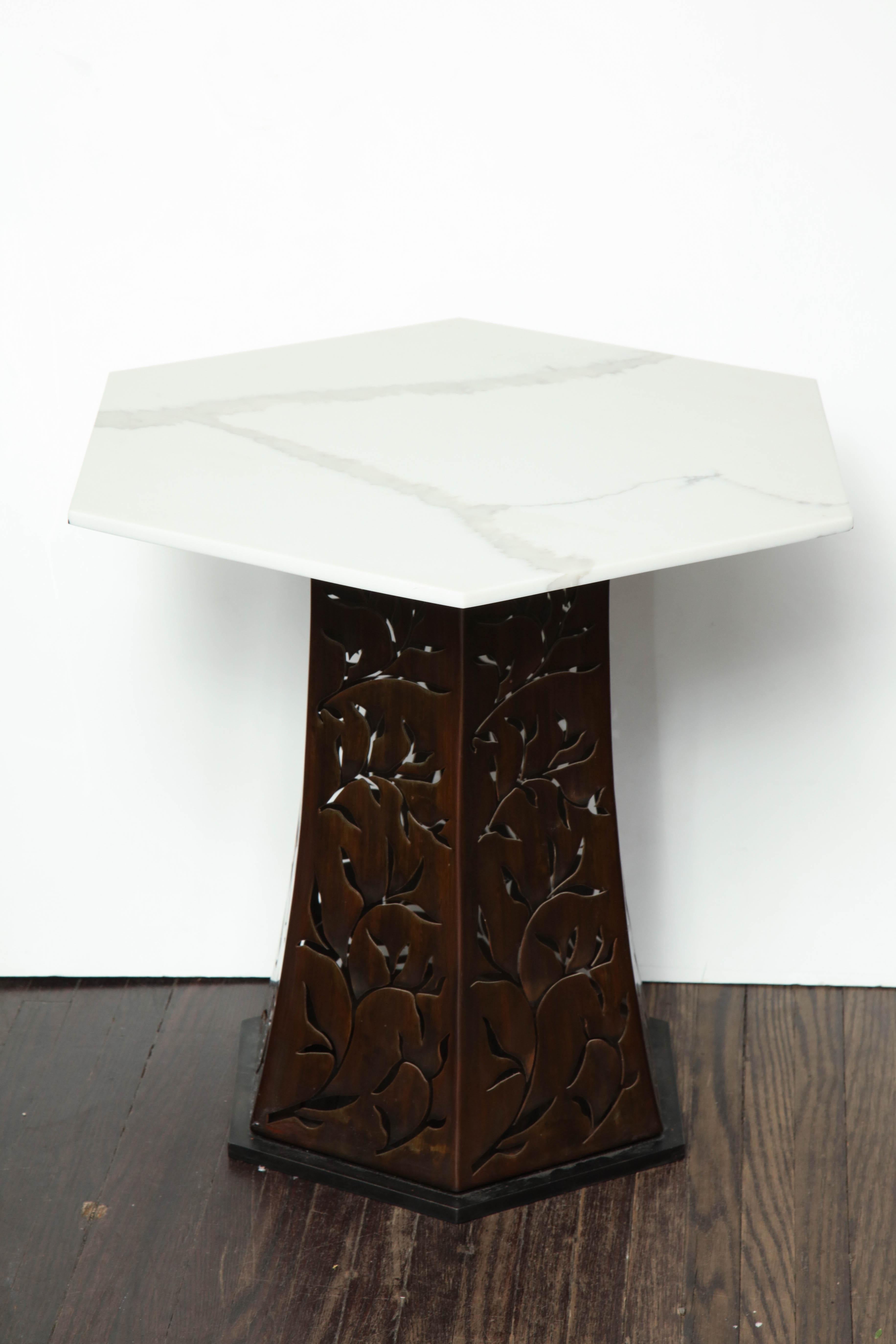 Contemporary Carrara White Marble Side Table with Patinated Blackened Steel