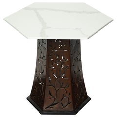 Carrara White Marble Side Table with Patinated Blackened Steel