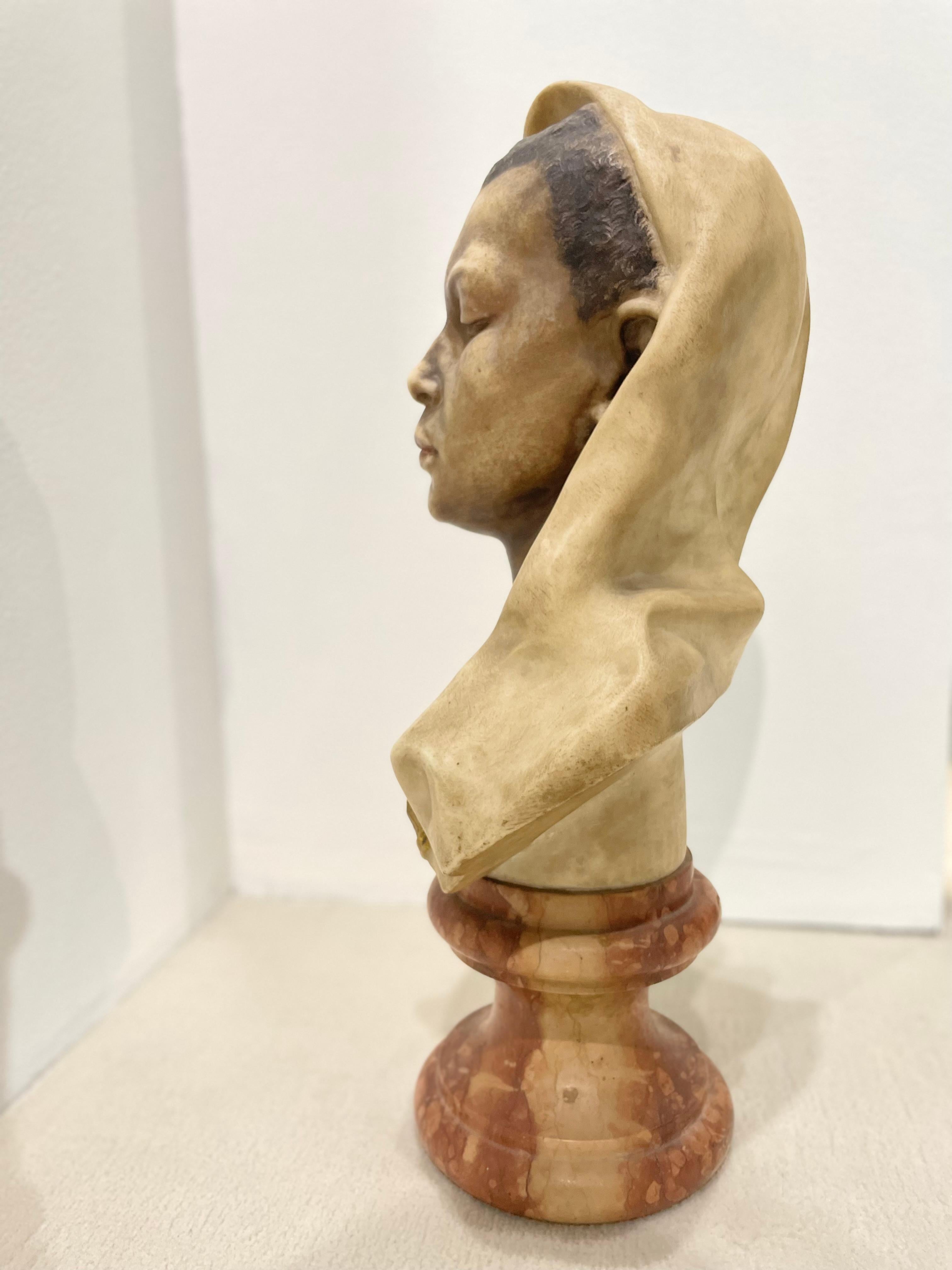 Carrare Bust Nubian Polychrome Late 19th Century Signed Marchetti In Fair Condition For Sale In palm beach, FL