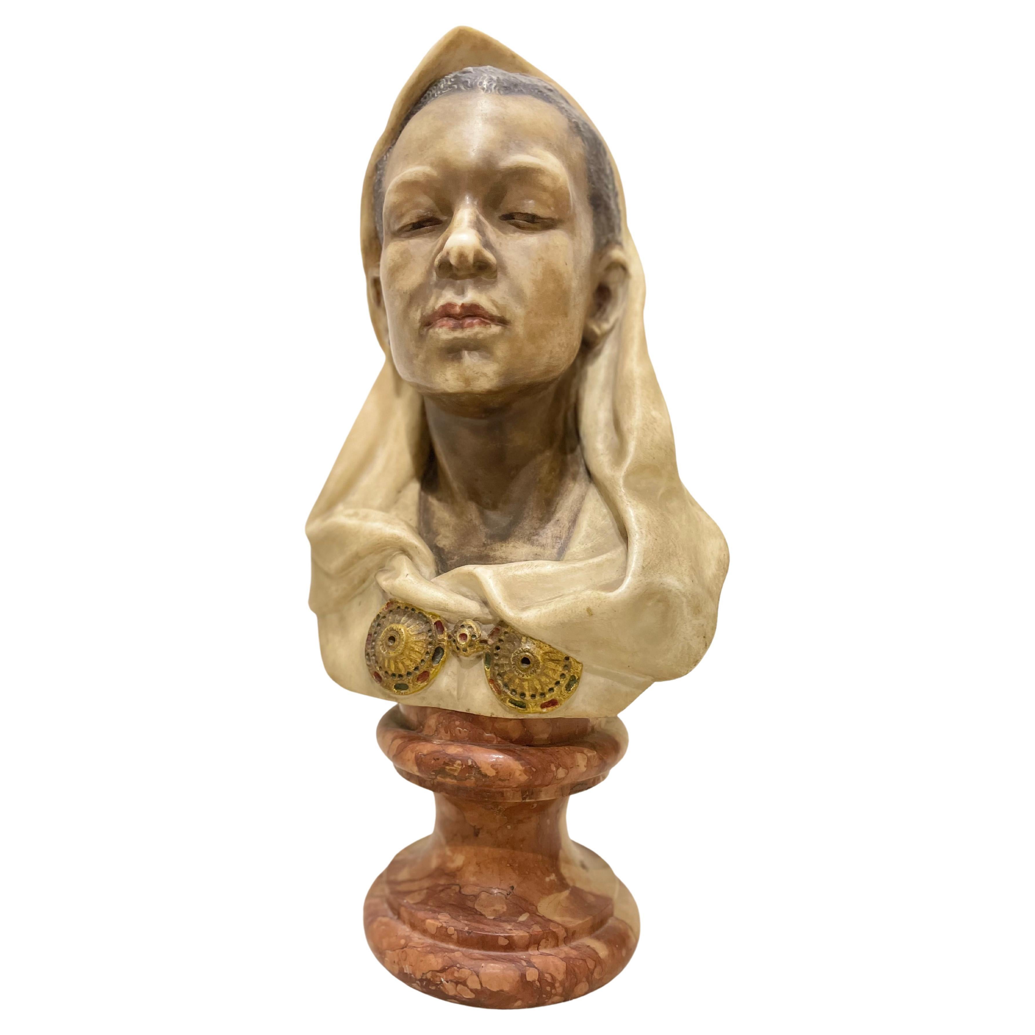 Carrare Bust Nubian Polychrome Late 19th Century Signed Marchetti For Sale