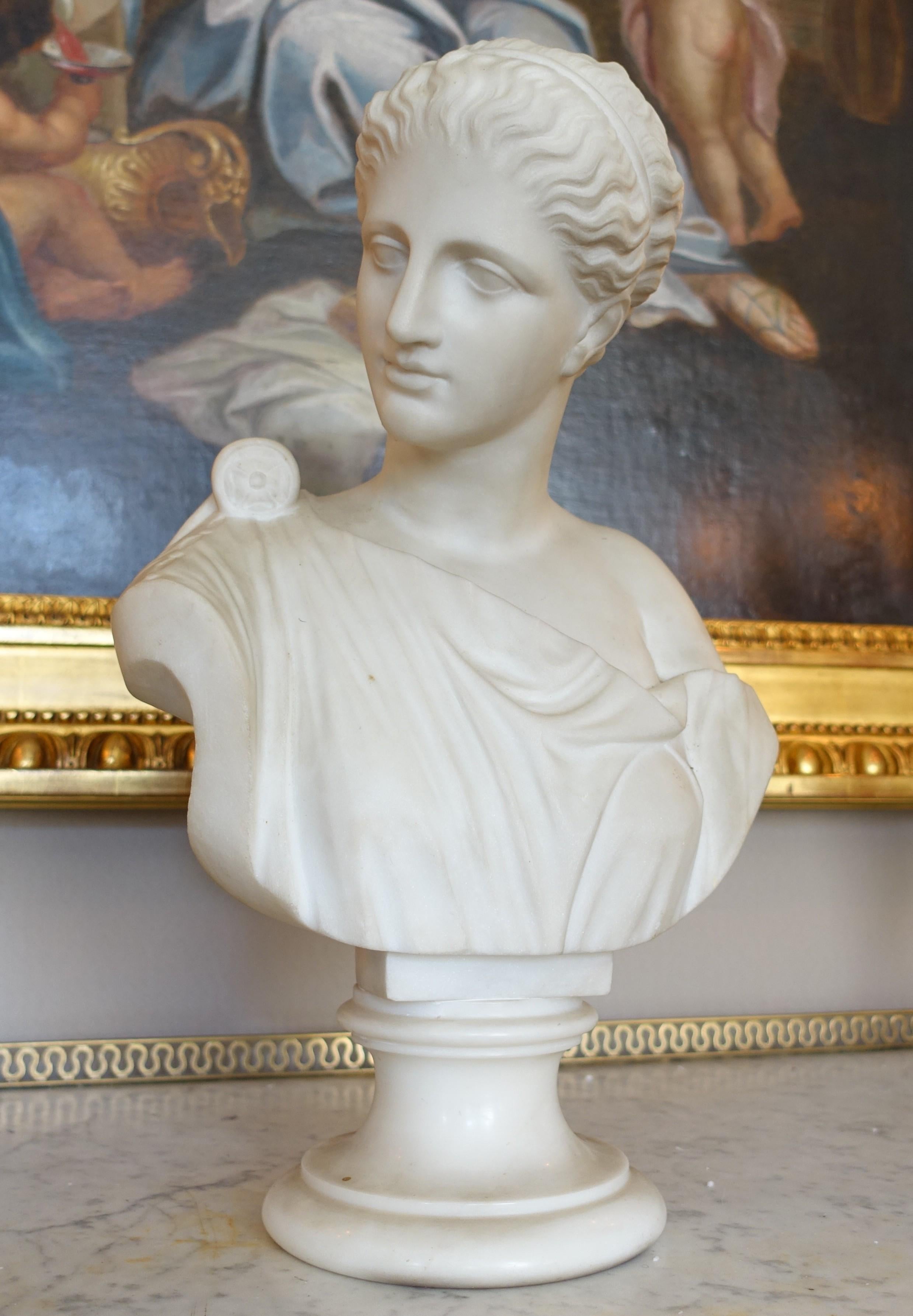 Fino busto de mármol de Carrara sobre pedestal que muestra a una mujer vestida con una toga atada con una fíbula en el hombro derecho, a la manera de los bustos antiguos. Los rasgos faciales de la mujer son los mismos que los de la Venus de Milo :
