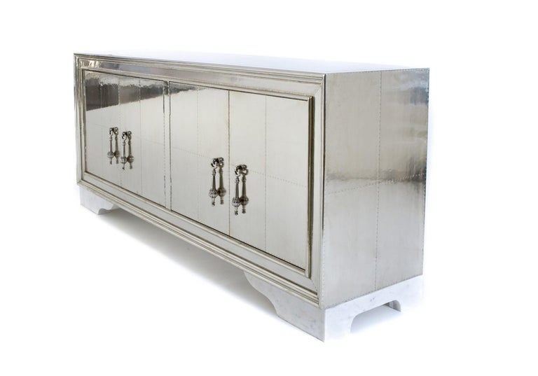 American Carre Credenza in White Bronze Clad Over Teakwood Handcrafted In India For Sale