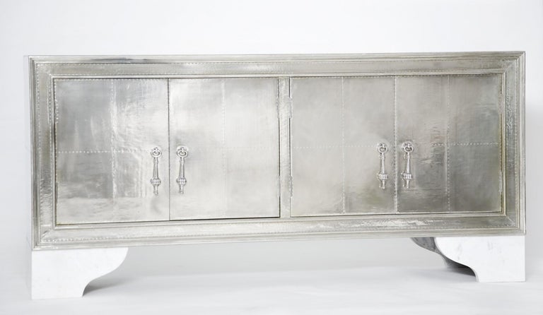 Hand-Carved Carre Credenza in White Bronze Handcrafted in India By Stephanie Odegard For Sale